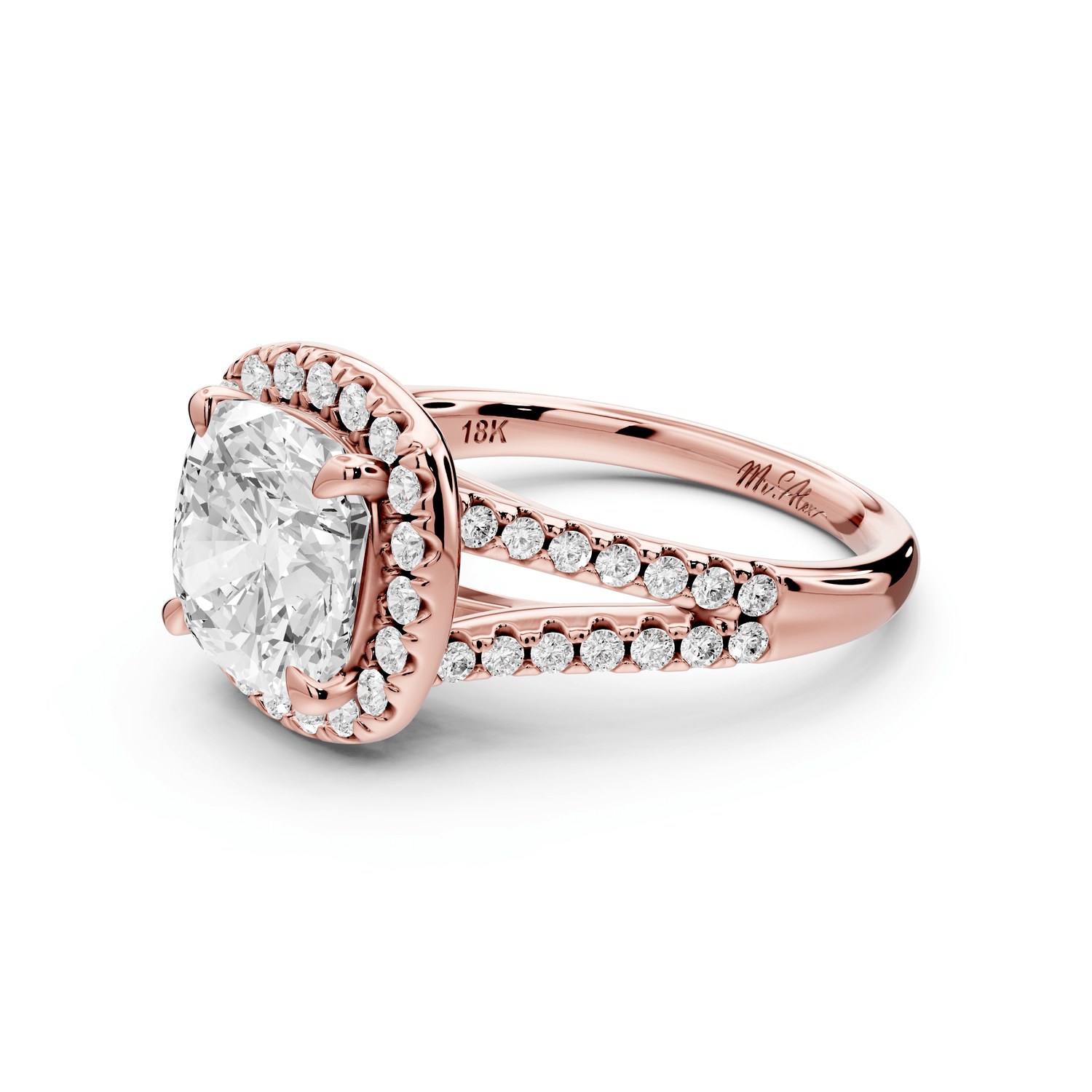Gabrielle - 3ct 18k rose gold cushion Diamond Graduated Halo Pavé Split Shank Engagement Ring - Mr. Alex Jewelry