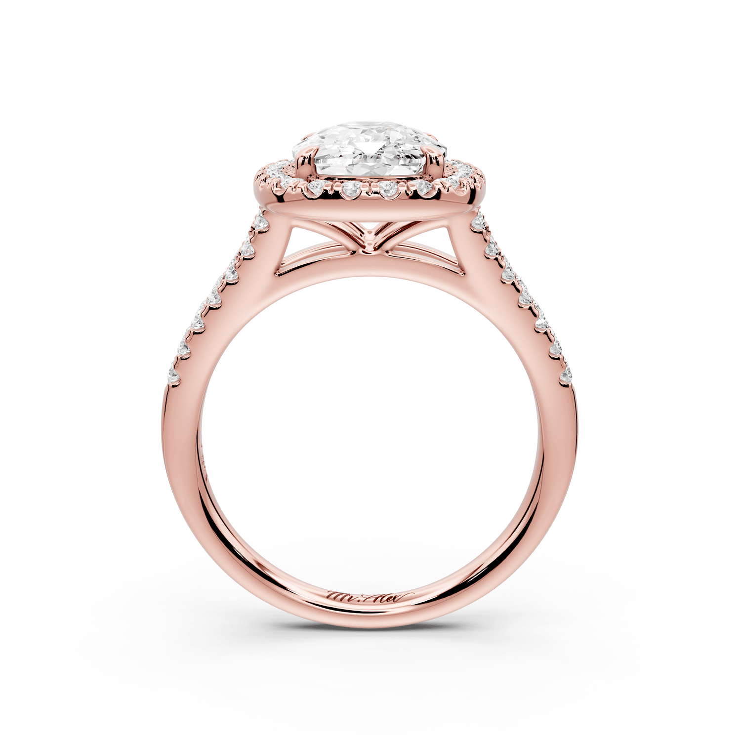 Gabrielle - 3ct 18k rose gold ecushion Diamond Graduated Halo Pavé Split Shank Engagement Ring - Mr. Alex Jewelry