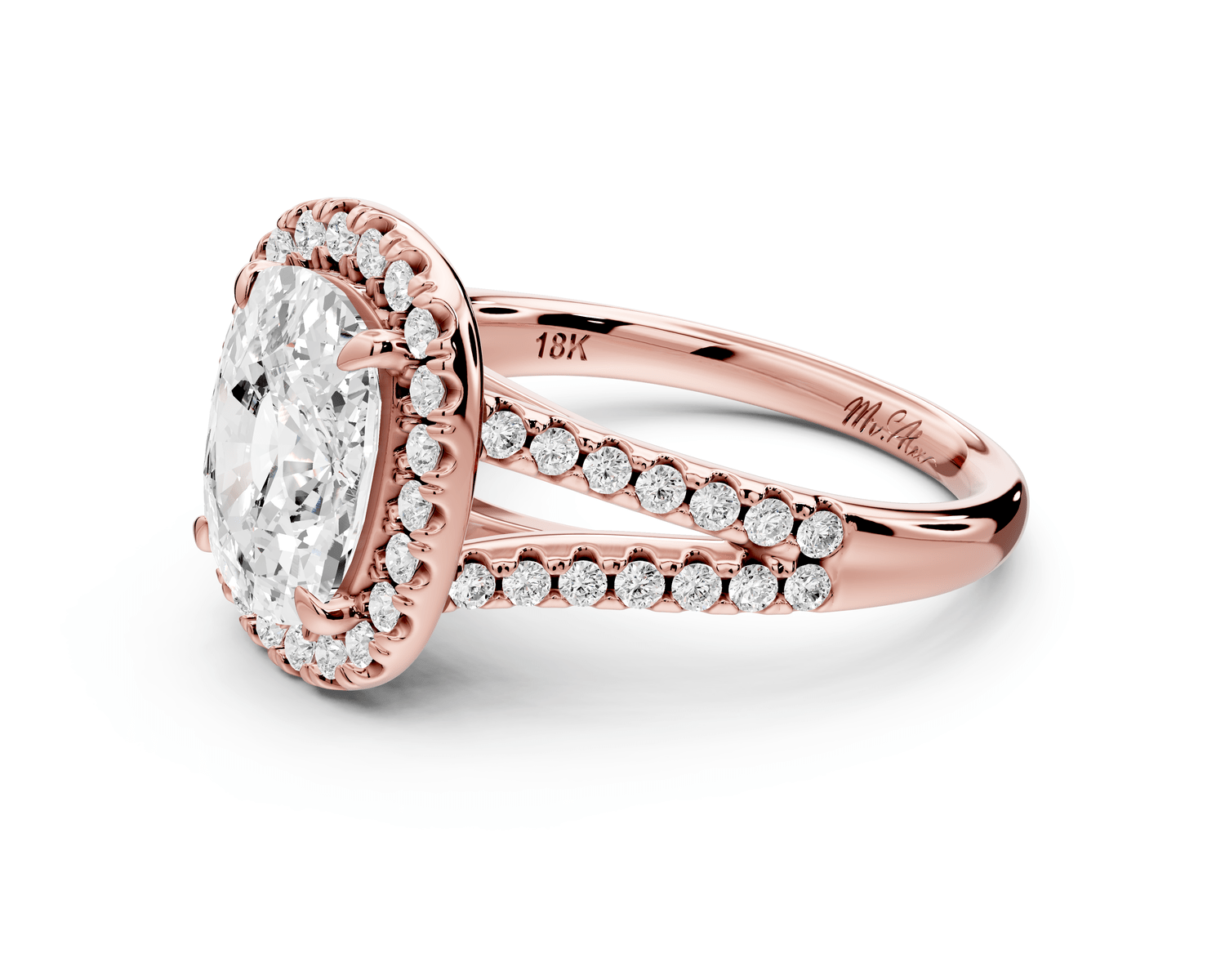 Gabrielle - 3ct 18k rose gold ecushion Diamond Graduated Halo Pavé Split Shank Engagement Ring - Mr. Alex Jewelry