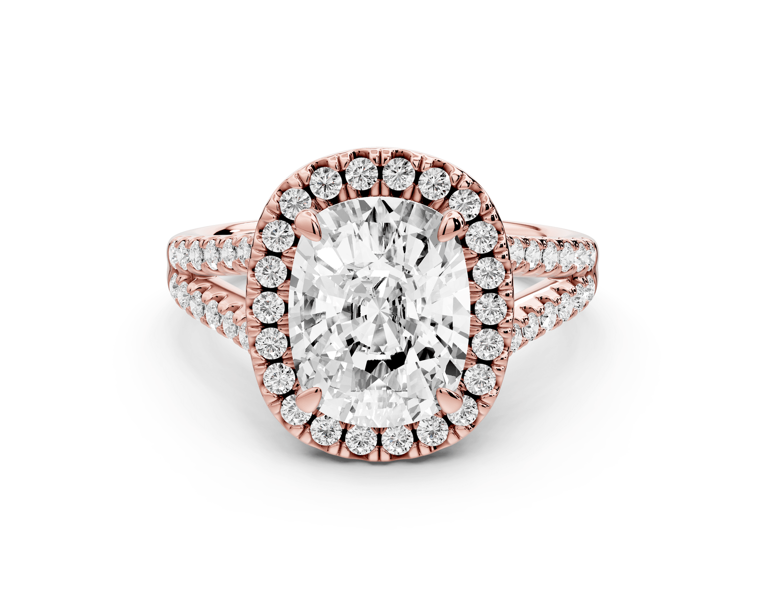 Gabrielle - 3ct 18k rose gold ecushion Diamond Graduated Halo Pavé Split Shank Engagement Ring - Mr. Alex Jewelry