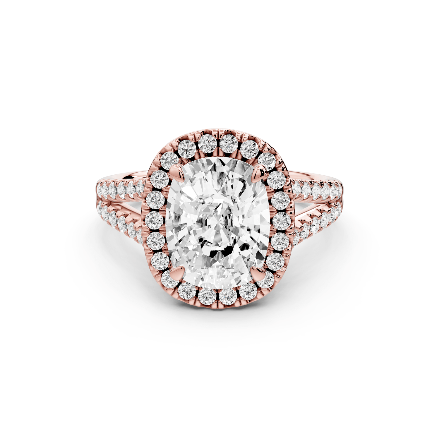 Gabrielle - 3ct 18k rose gold ecushion Diamond Graduated Halo Pavé Split Shank Engagement Ring - Mr. Alex Jewelry