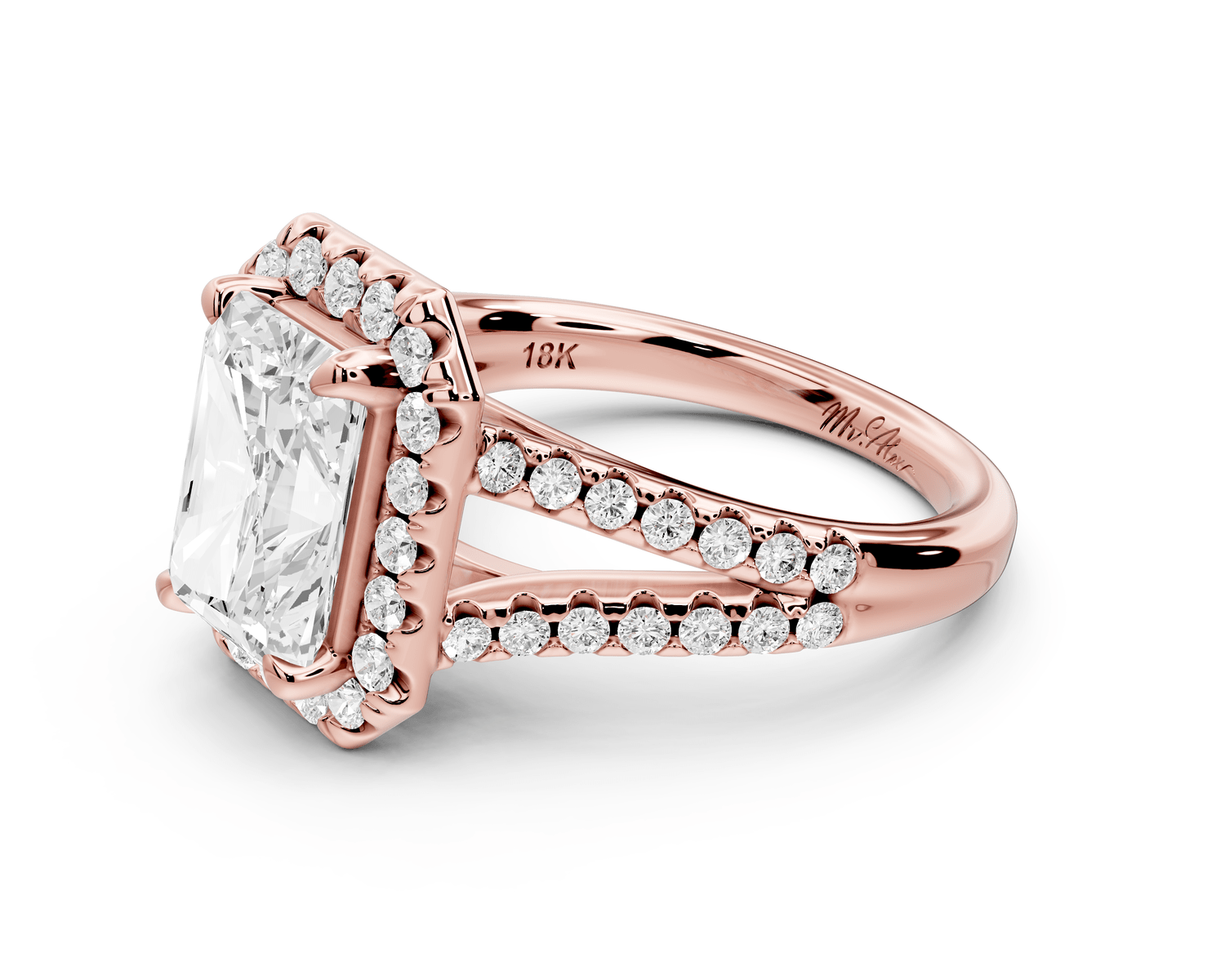 Gabrielle - 3ct 18k rose gold emerald Diamond Graduated Halo Pavé Split Shank Engagement Ring - Mr. Alex Jewelry