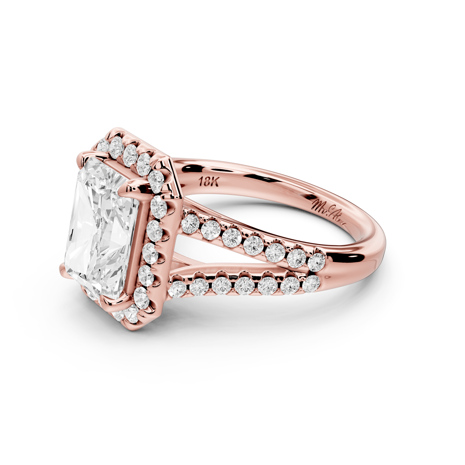 Gabrielle - 3ct 18k rose gold emerald Diamond Graduated Halo Pavé Split Shank Engagement Ring - Mr. Alex Jewelry