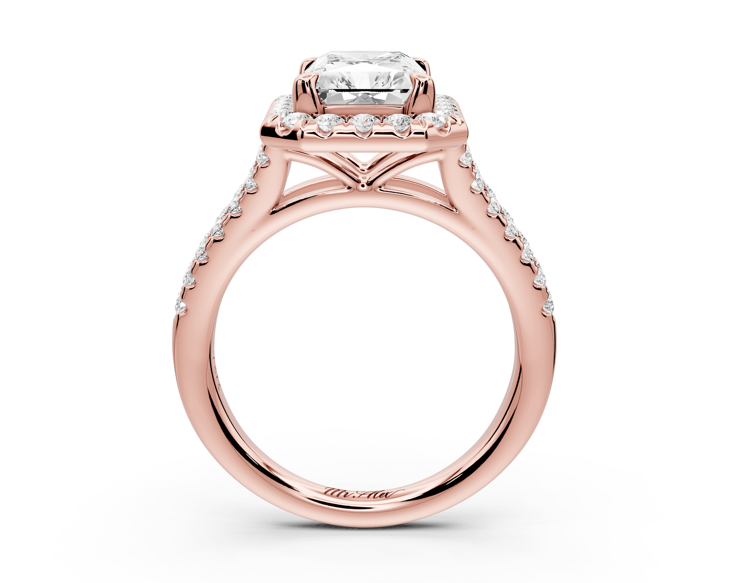 Gabrielle - 3ct 18k rose gold emerald Diamond Graduated Halo Pavé Split Shank Engagement Ring - Mr. Alex Jewelry