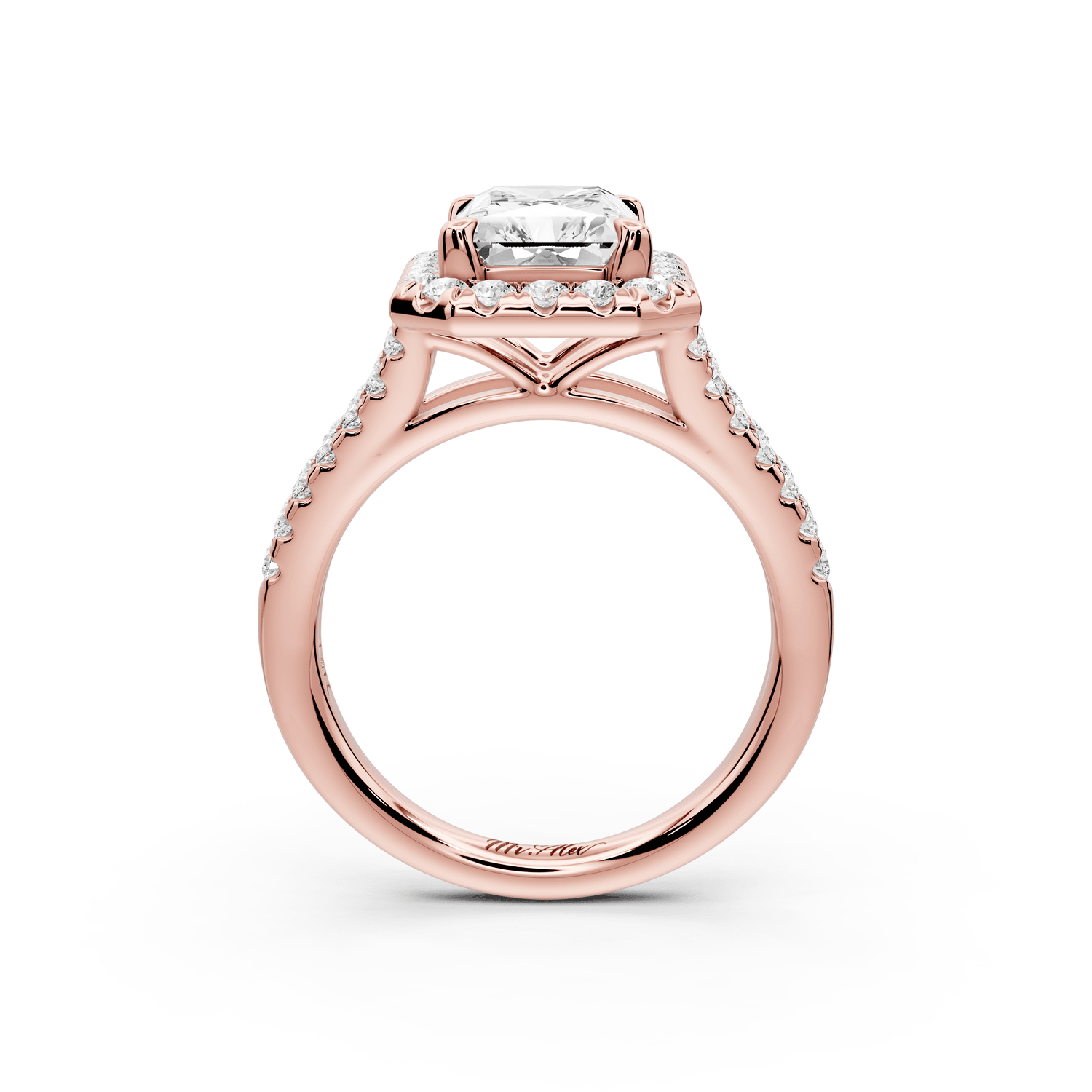 Gabrielle - 3ct 18k rose gold emerald Diamond Graduated Halo Pavé Split Shank Engagement Ring - Mr. Alex Jewelry