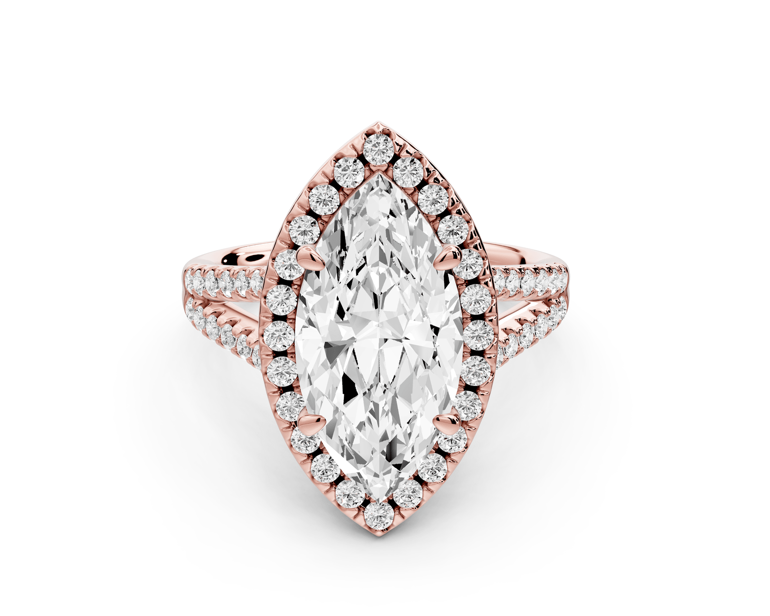 Gabrielle - 3ct 18k rose gold marquise Diamond Graduated Halo Pavé Split Shank Engagement Ring - Mr. Alex Jewelry