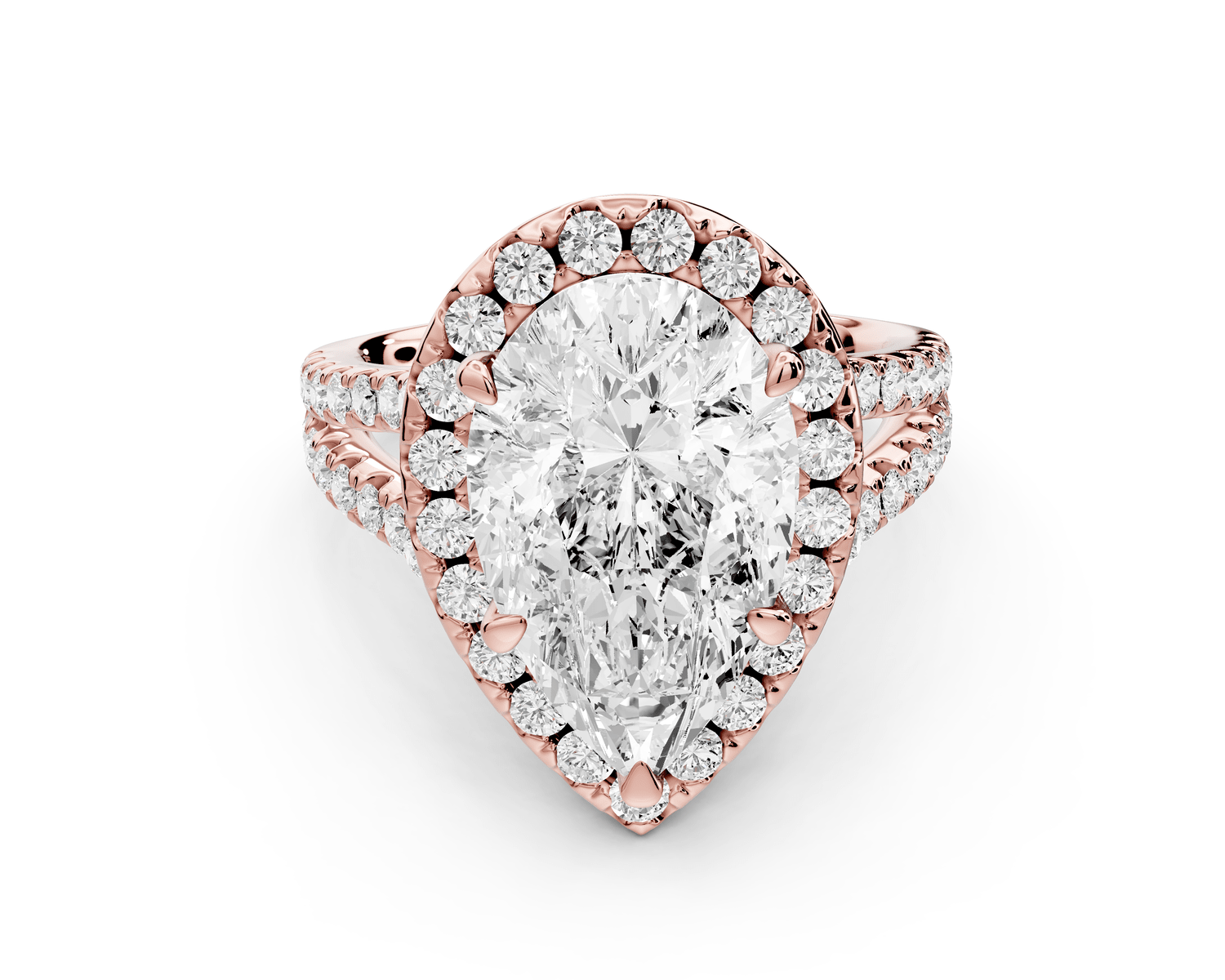 Gabrielle - 3ct 18k rose gold pear Diamond Graduated Halo Pavé Split Shank Engagement Ring - Mr. Alex Jewelry
