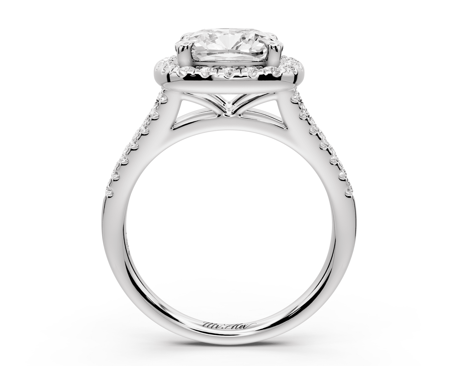 Gabrielle - 3ct 18k white gold cushion Diamond Graduated Halo Pavé Split Shank Engagement Ring - Mr. Alex Jewelry