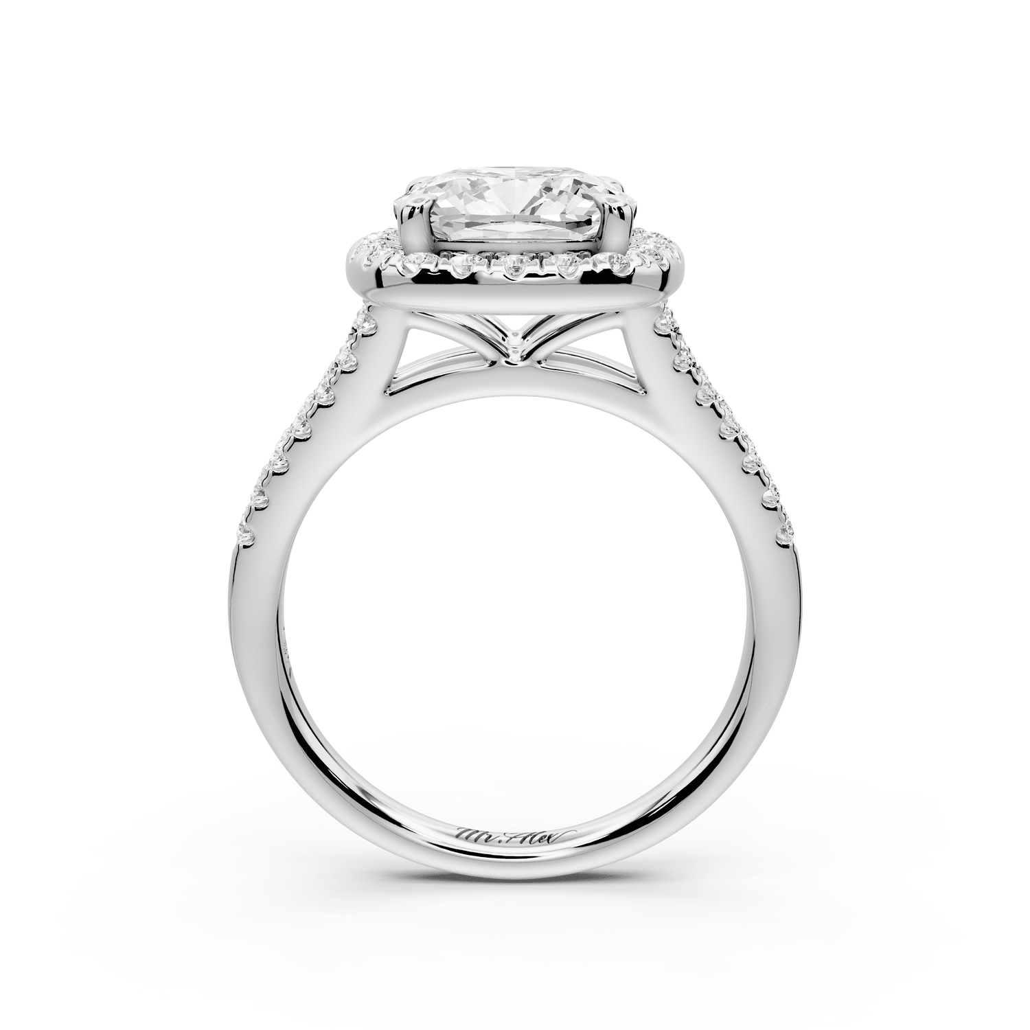 Gabrielle - 3ct 18k white gold cushion Diamond Graduated Halo Pavé Split Shank Engagement Ring - Mr. Alex Jewelry