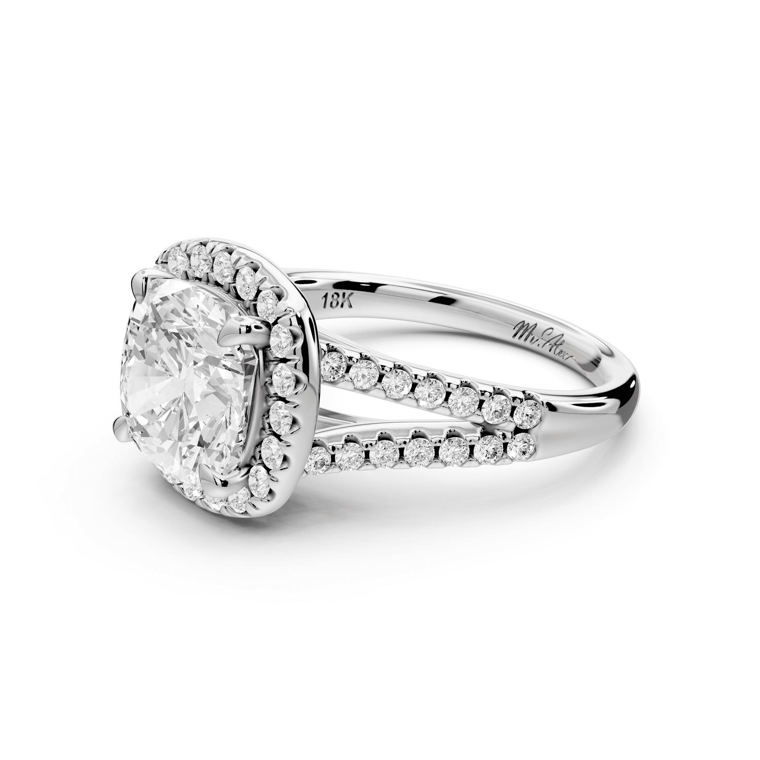 Gabrielle - 3ct 18k white gold cushion Diamond Graduated Halo Pavé Split Shank Engagement Ring - Mr. Alex Jewelry