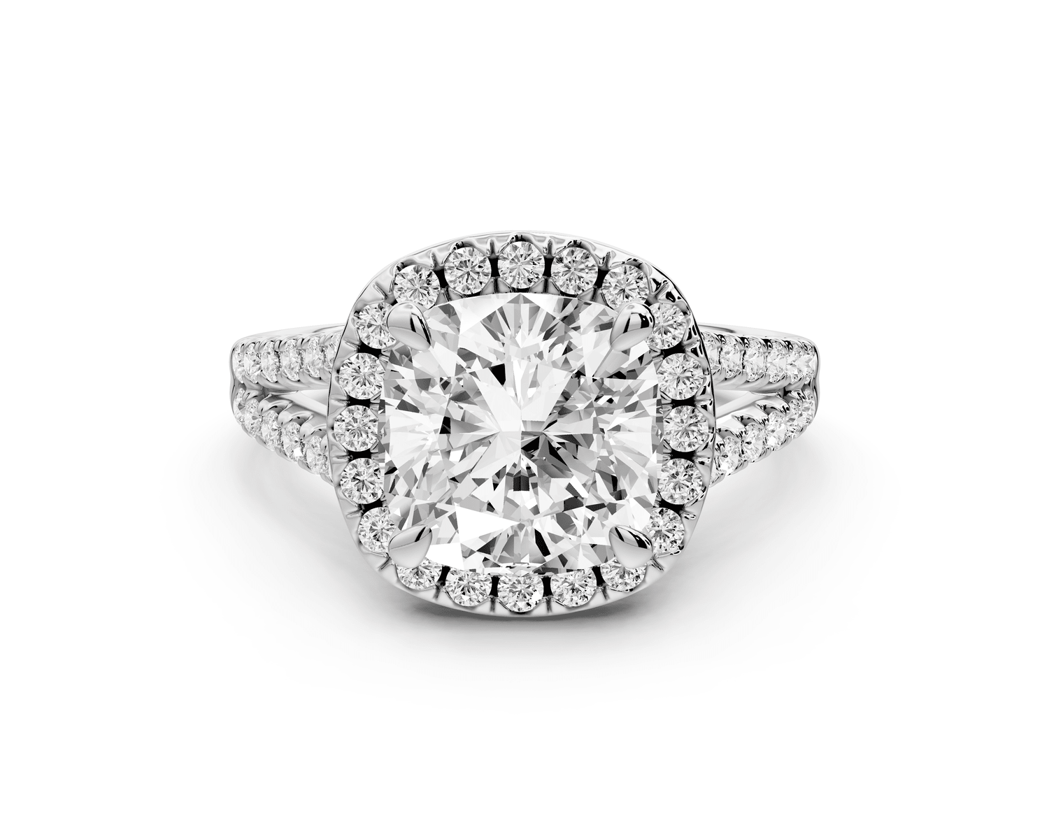 Gabrielle - 3ct 18k white gold cushion Diamond Graduated Halo Pavé Split Shank Engagement Ring - Mr. Alex Jewelry