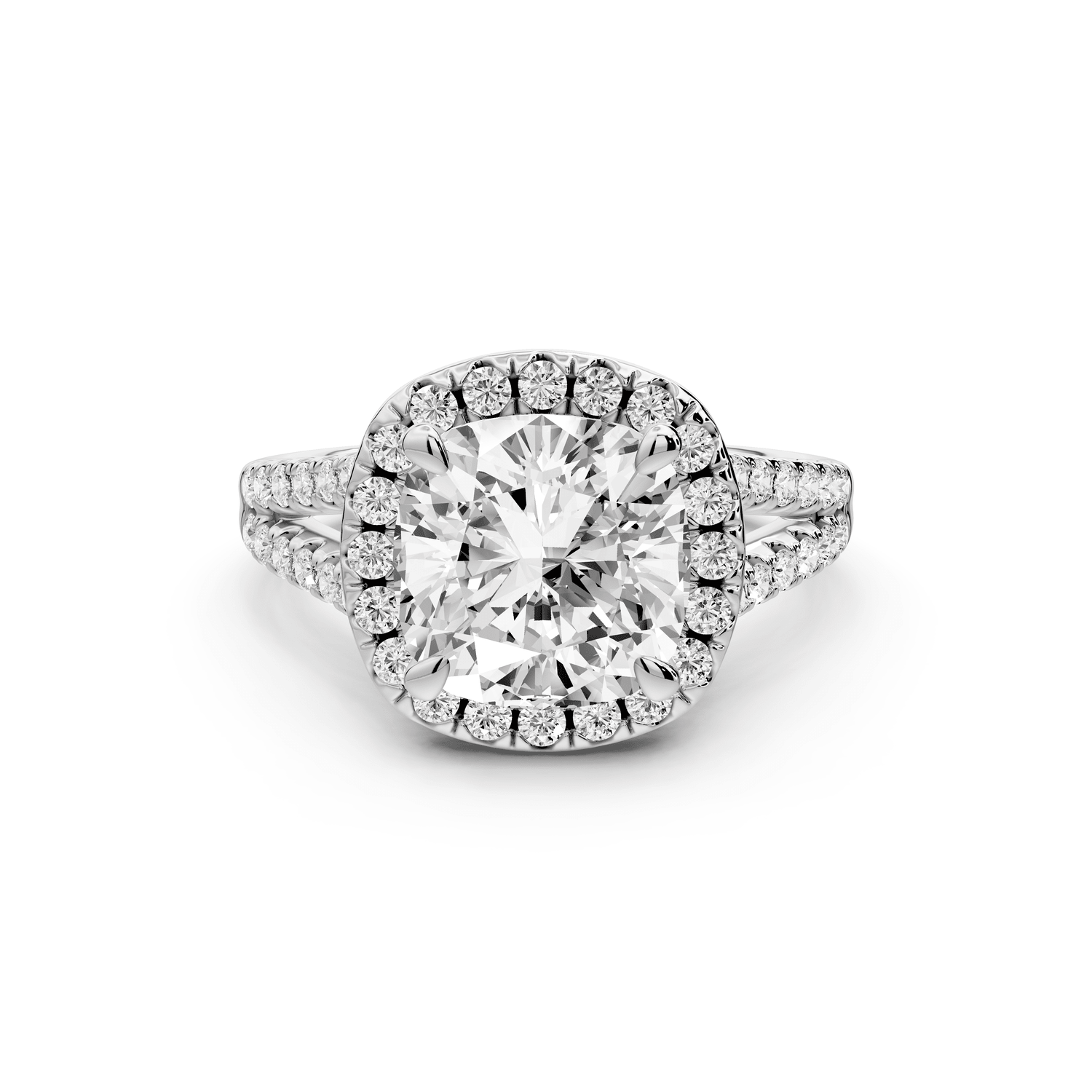 Gabrielle - 3ct 18k white gold cushion Diamond Graduated Halo Pavé Split Shank Engagement Ring - Mr. Alex Jewelry