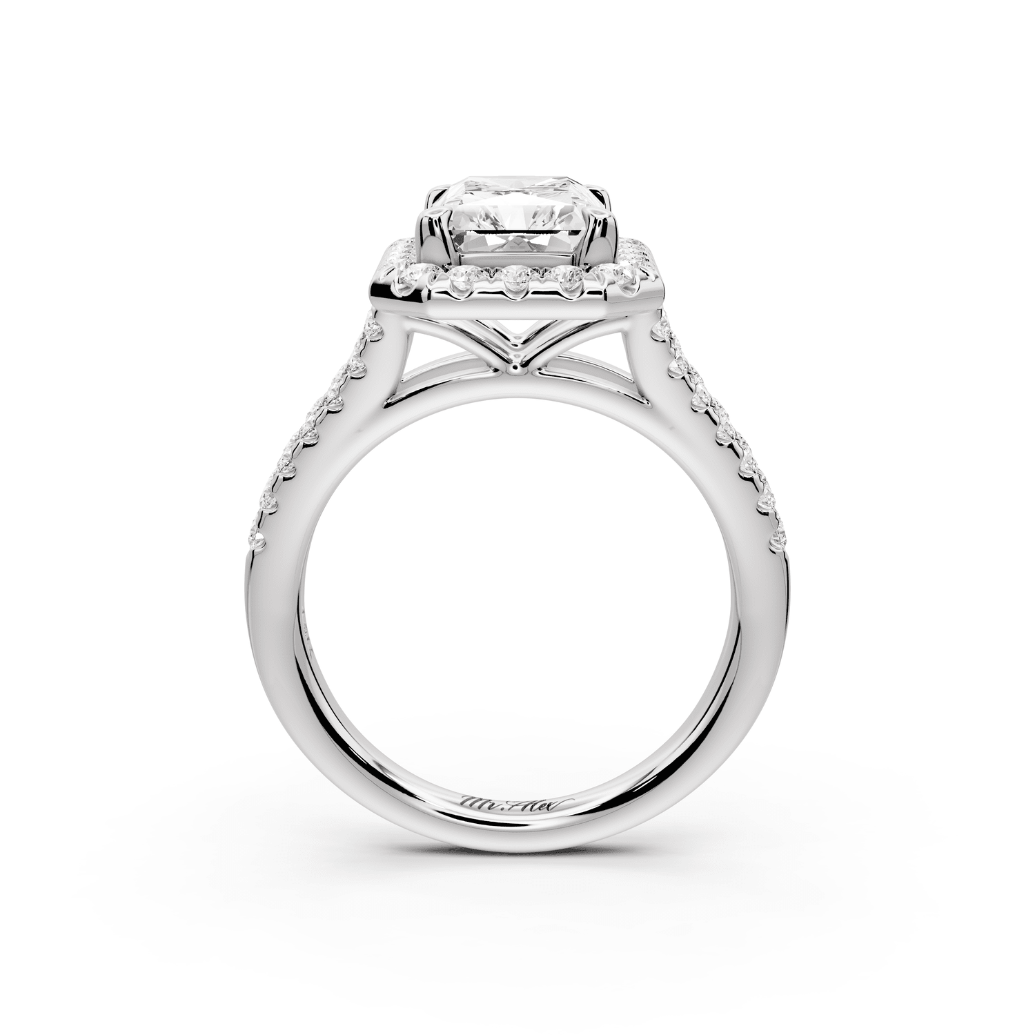 Gabrielle - 3ct 18k white gold emerald Diamond Graduated Halo Pavé Split Shank Engagement Ring - Mr. Alex Jewelry