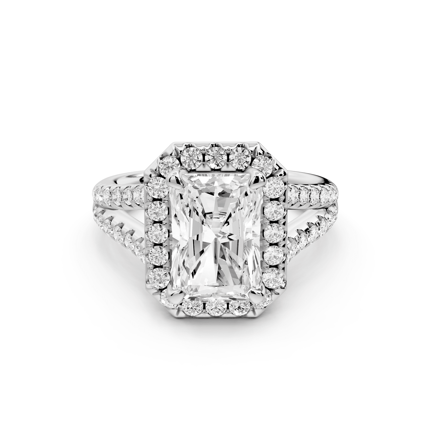 Gabrielle - 3ct 18k white gold emerald Diamond Graduated Halo Pavé Split Shank Engagement Ring - Mr. Alex Jewelry