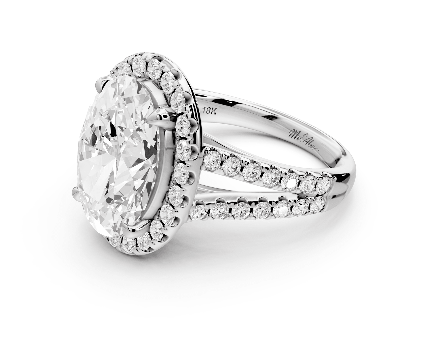 Gabrielle - 3ct 18k white gold oval Diamond Graduated Halo Pavé Split Shank Engagement Ring - Mr. Alex Jewelry