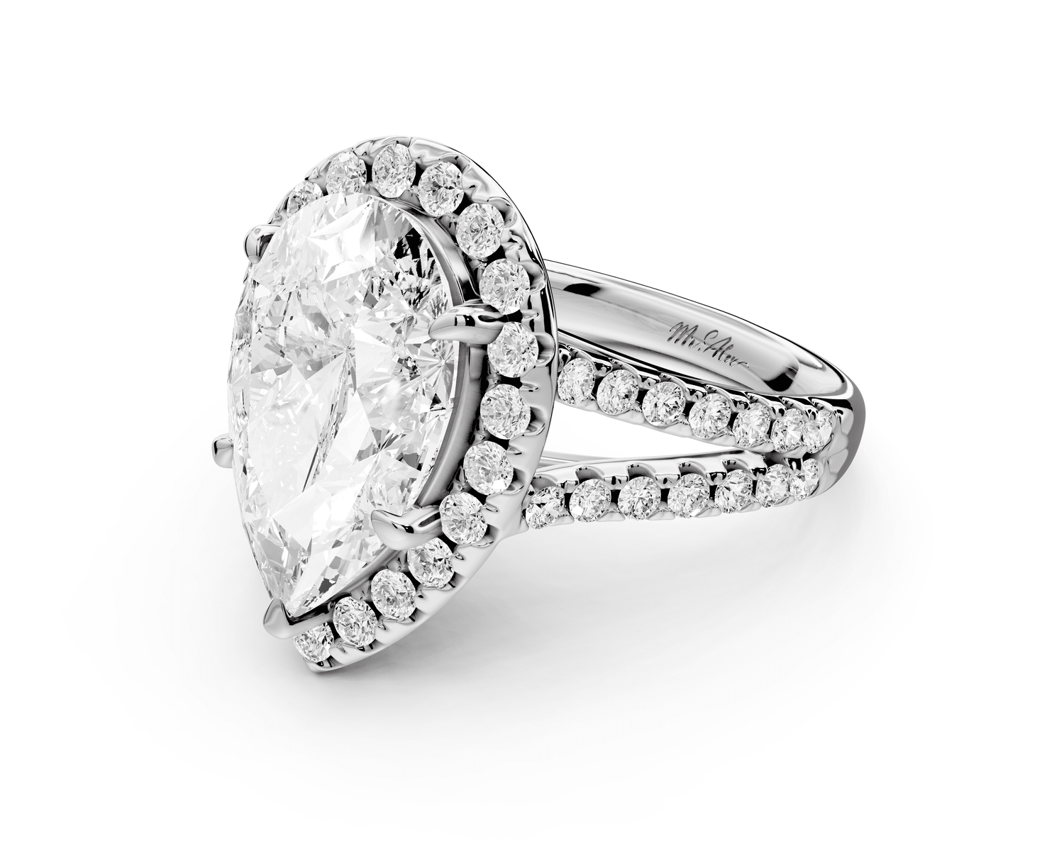 Gabrielle - 3ct 18k white gold pear Diamond Graduated Halo Pavé Split Shank Engagement Ring - Mr. Alex Jewelry