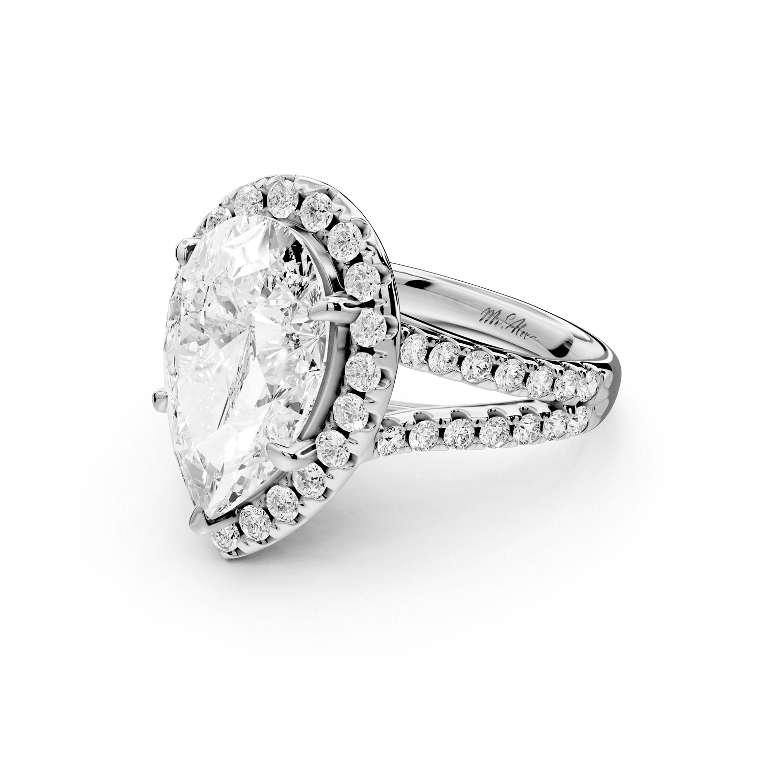 Gabrielle - 3ct 18k white gold pear Diamond Graduated Halo Pavé Split Shank Engagement Ring - Mr. Alex Jewelry