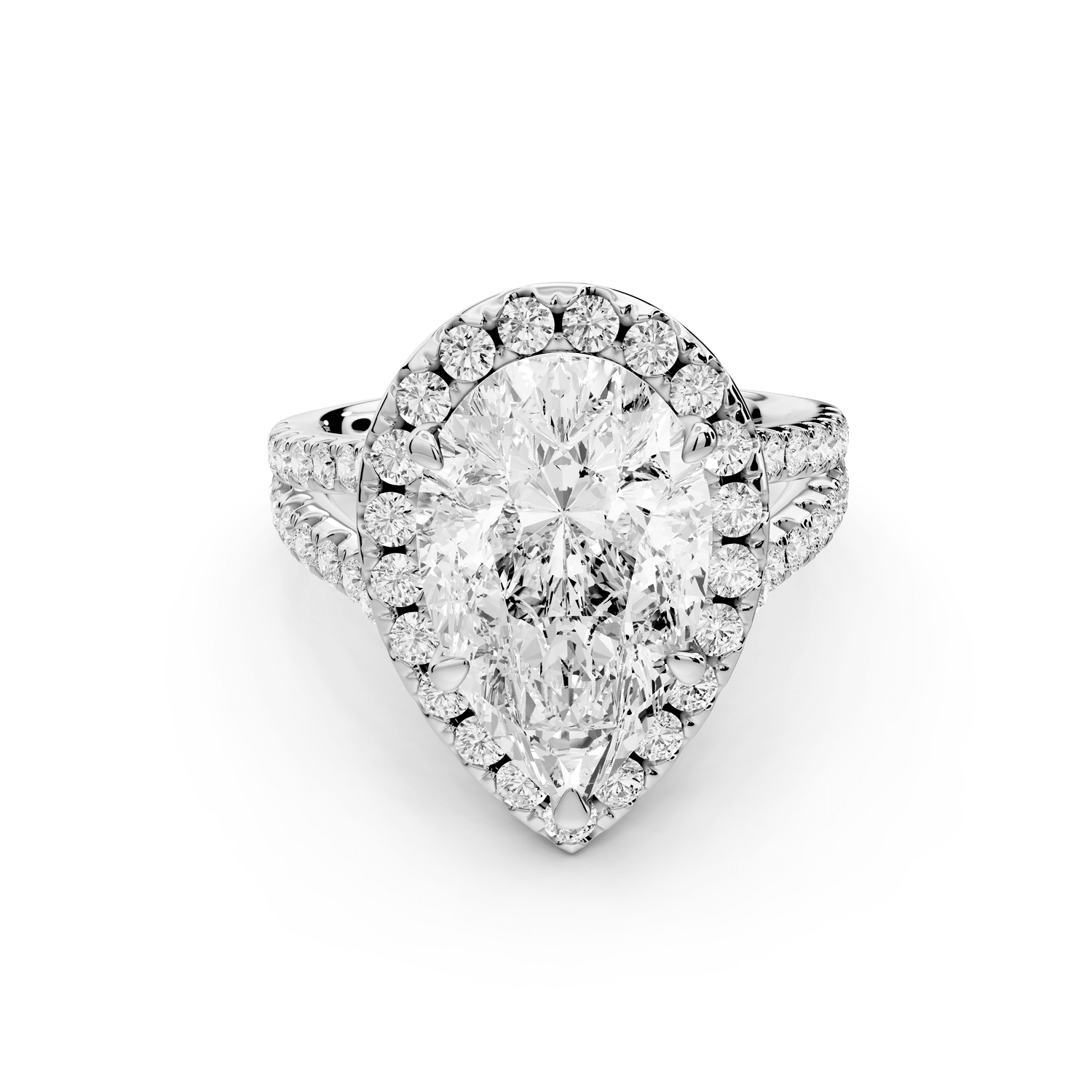 Gabrielle - 3ct 18k white gold pear Diamond Graduated Halo Pavé Split Shank Engagement Ring - Mr. Alex Jewelry