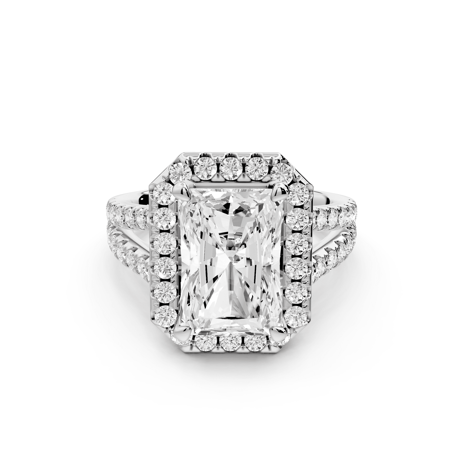 Gabrielle - 3ct 18k white gold radiant Diamond Graduated Halo Pavé Split Shank Engagement Ring - Mr. Alex Jewelry