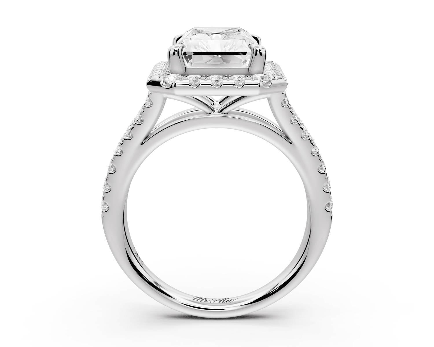 Gabrielle - 3ct 18k white gold radiant Diamond Graduated Halo Pavé Split Shank Engagement Ring - Mr. Alex Jewelry