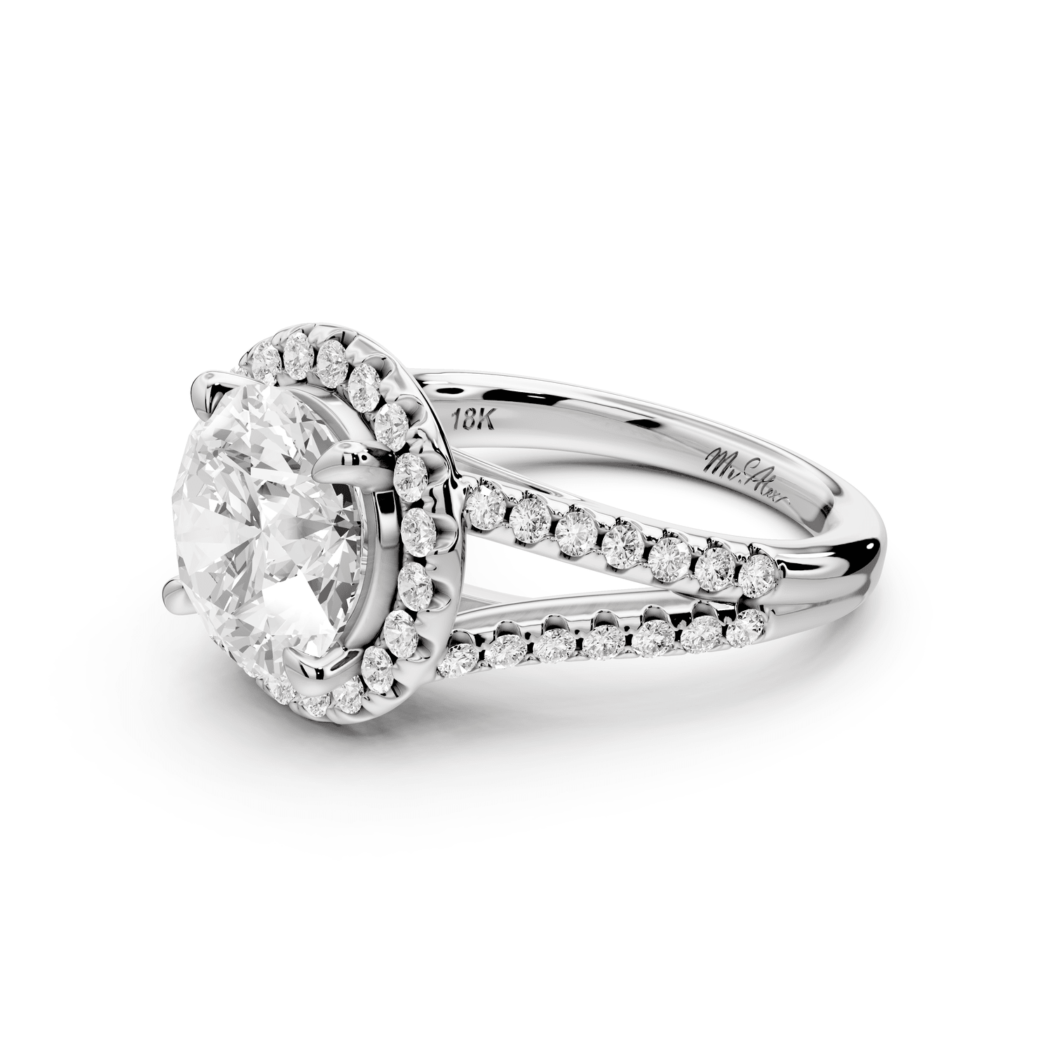 Gabrielle - 3ct 18k white gold round Diamond Graduated Halo Pavé Split Shank Engagement Ring - Mr. Alex Jewelry