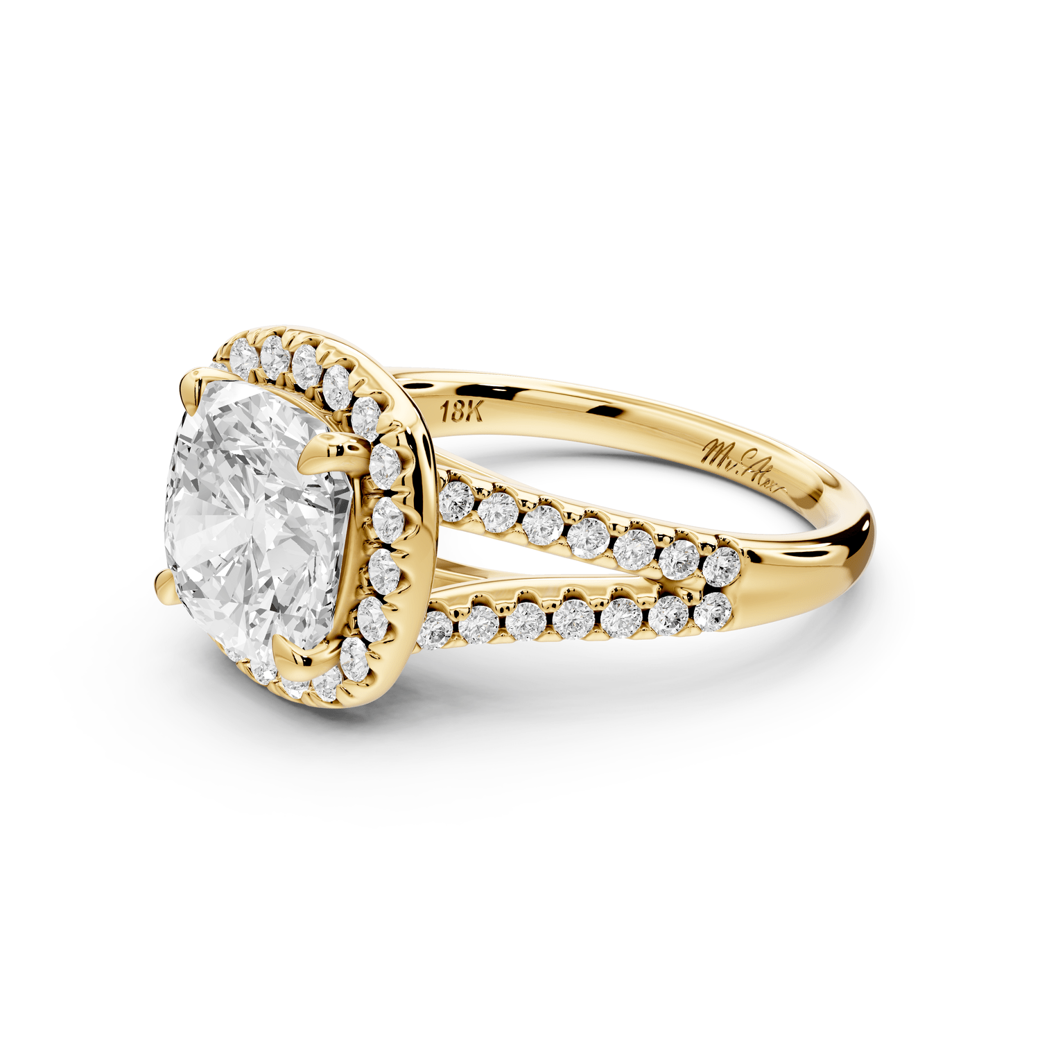 Gabrielle - 3ct 18k yellow gold cushion Diamond Graduated Halo Pavé Split Shank Engagement Ring - Mr. Alex Jewelry