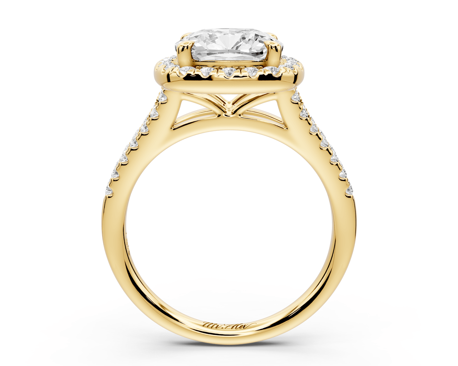 Gabrielle - 3ct 18k yellow gold cushion Diamond Graduated Halo Pavé Split Shank Engagement Ring - Mr. Alex Jewelry