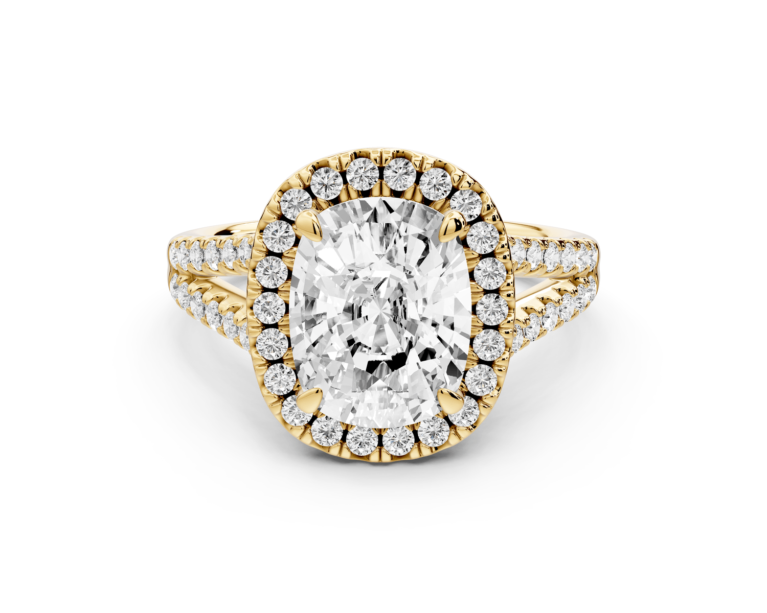 Gabrielle - 3ct 18k yellow gold ecushion Diamond Graduated Halo Pavé Split Shank Engagement Ring - Mr. Alex Jewelry