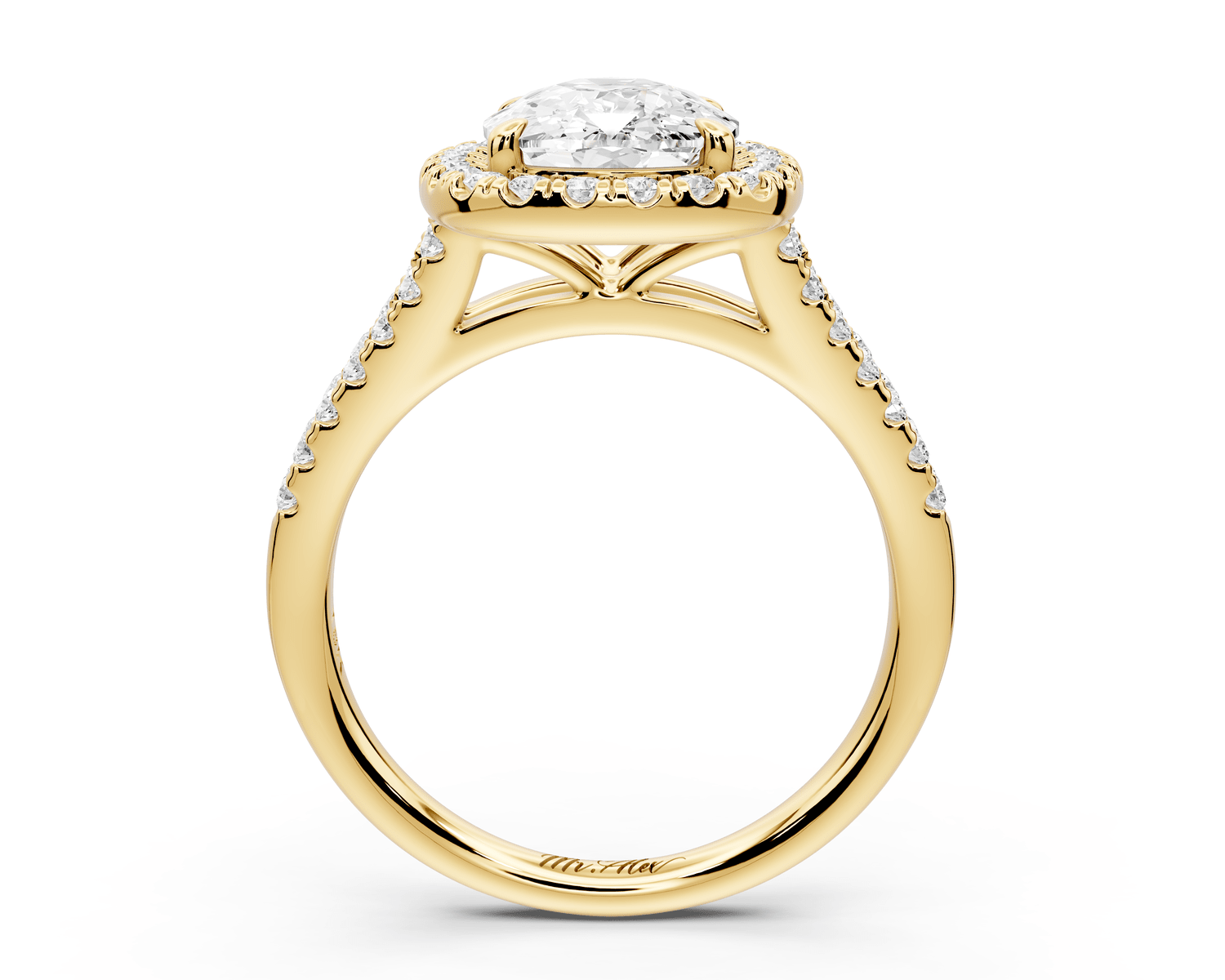 Gabrielle - 3ct 18k yellow gold ecushion Diamond Graduated Halo Pavé Split Shank Engagement Ring - Mr. Alex Jewelry