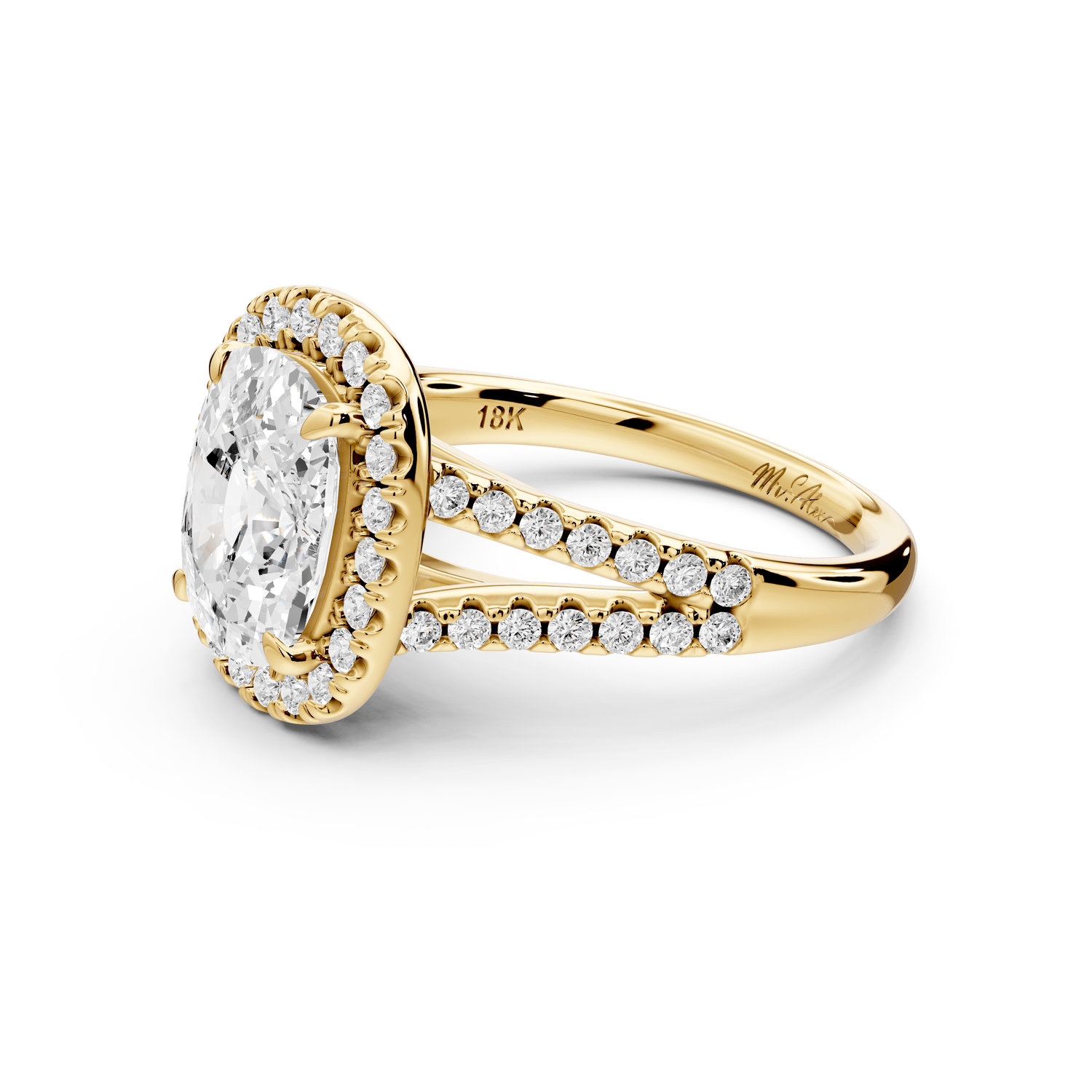 Gabrielle - 3ct 18k yellow gold ecushion Diamond Graduated Halo Pavé Split Shank Engagement Ring - Mr. Alex Jewelry