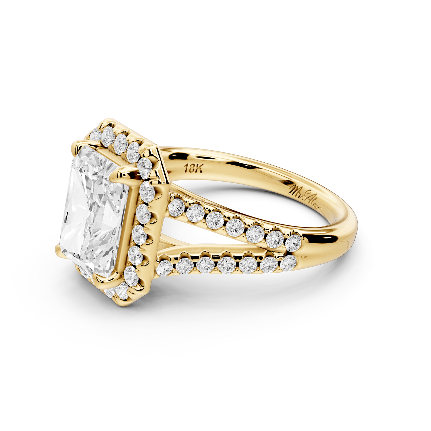 Gabrielle - 3ct 18k yellow gold emerald Diamond Graduated Halo Pavé Split Shank Engagement Ring - Mr. Alex Jewelry