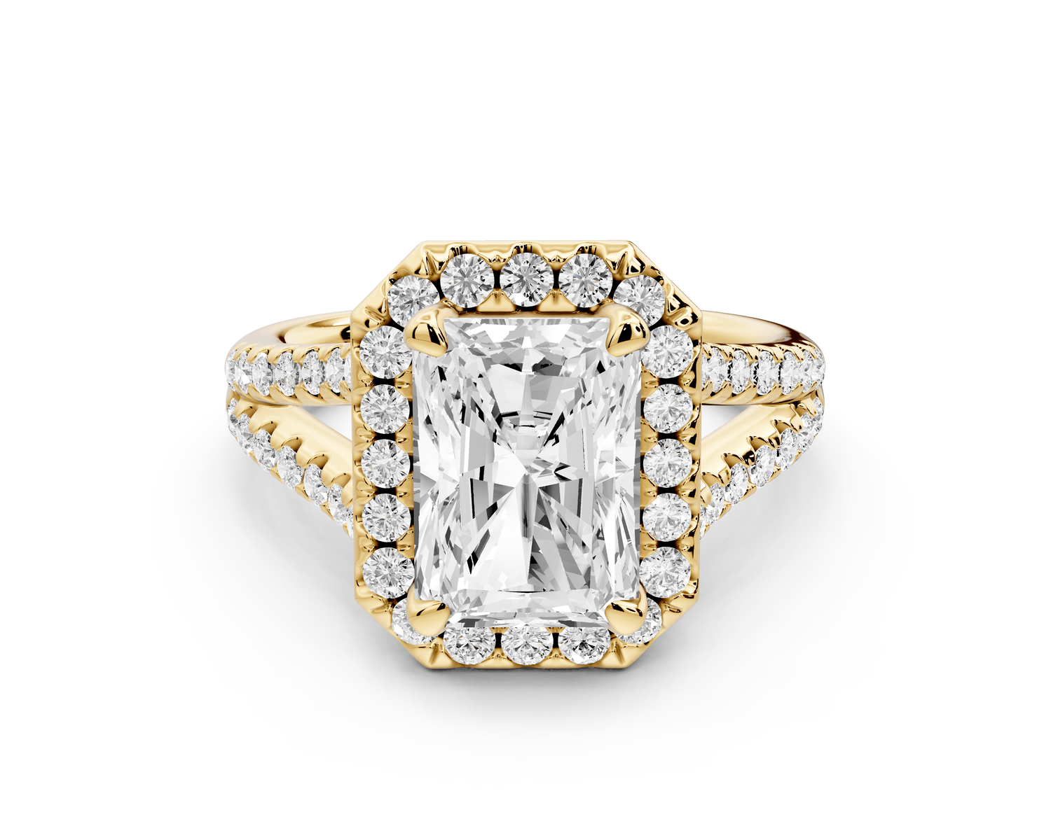 Gabrielle - 3ct 18k yellow gold emerald Diamond Graduated Halo Pavé Split Shank Engagement Ring - Mr. Alex Jewelry
