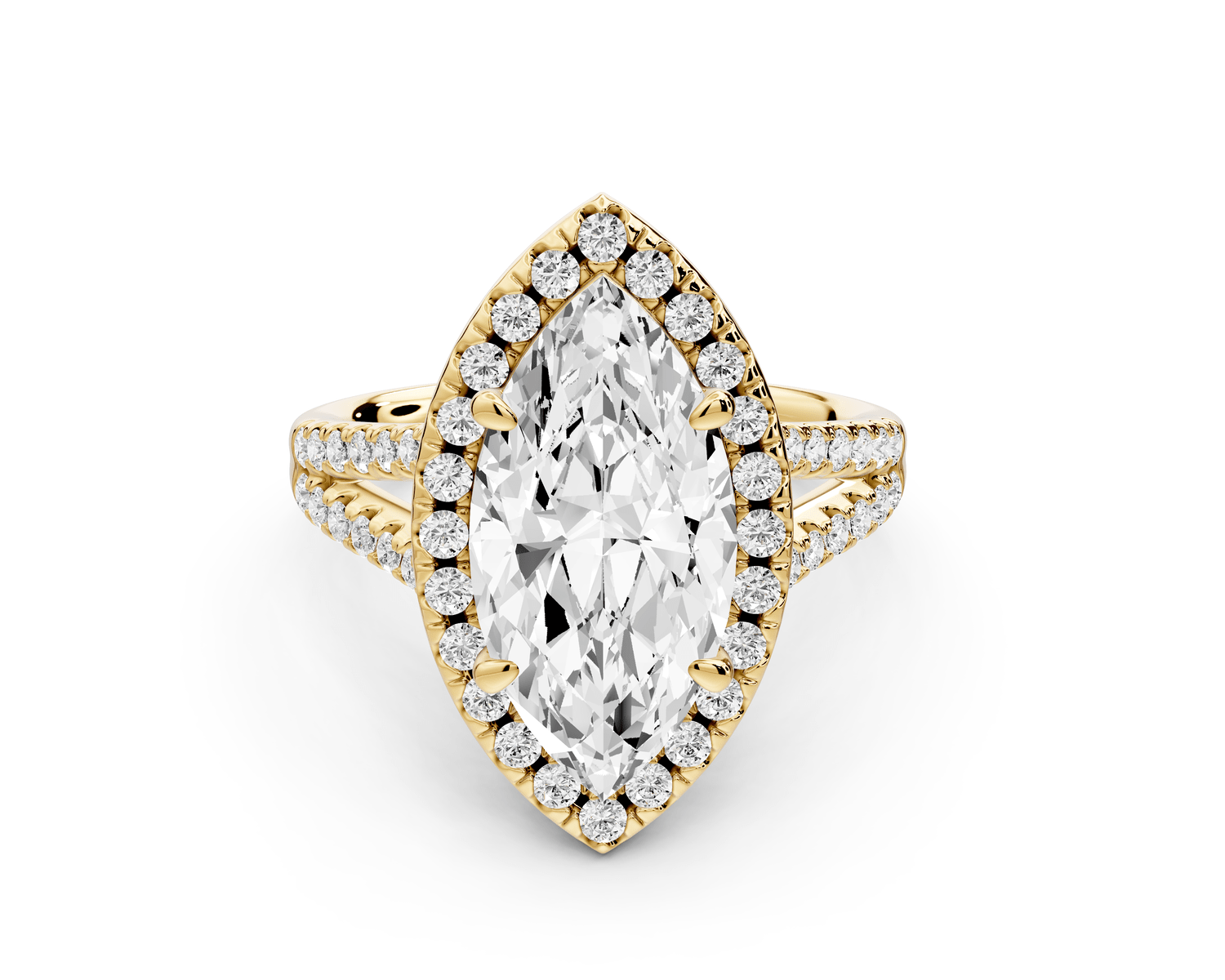 Gabrielle - 3ct 18k yellow gold marquise Diamond Graduated Halo Pavé Split Shank Engagement Ring - Mr. Alex Jewelry