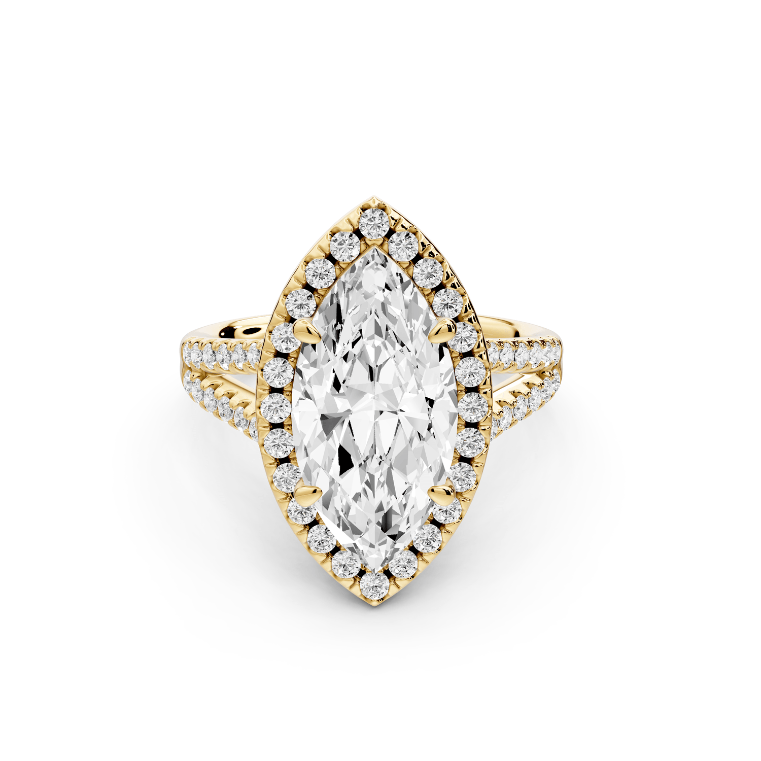 Gabrielle - 3ct 18k yellow gold marquise Diamond Graduated Halo Pavé Split Shank Engagement Ring - Mr. Alex Jewelry