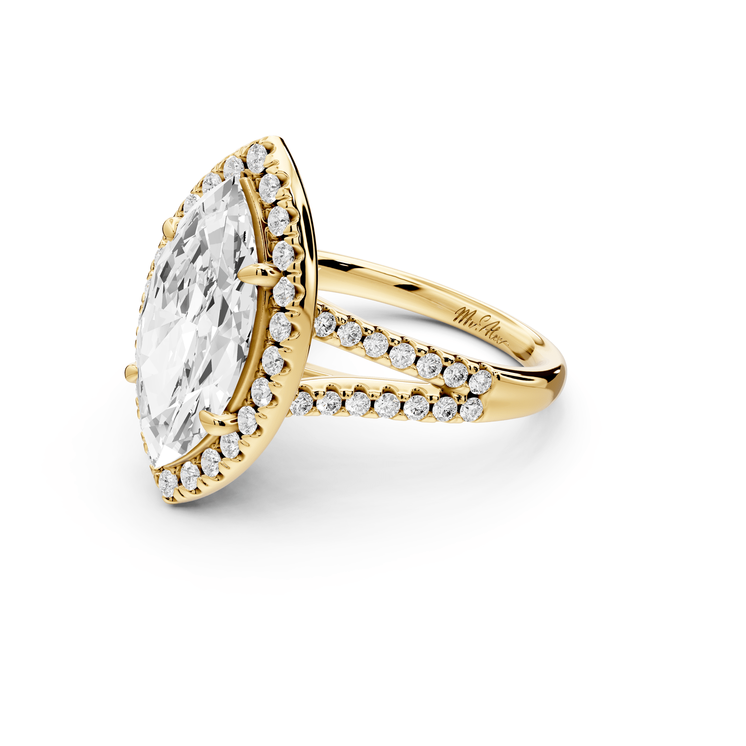 Gabrielle - 3ct 18k yellow gold marquise Diamond Graduated Halo Pavé Split Shank Engagement Ring - Mr. Alex Jewelry