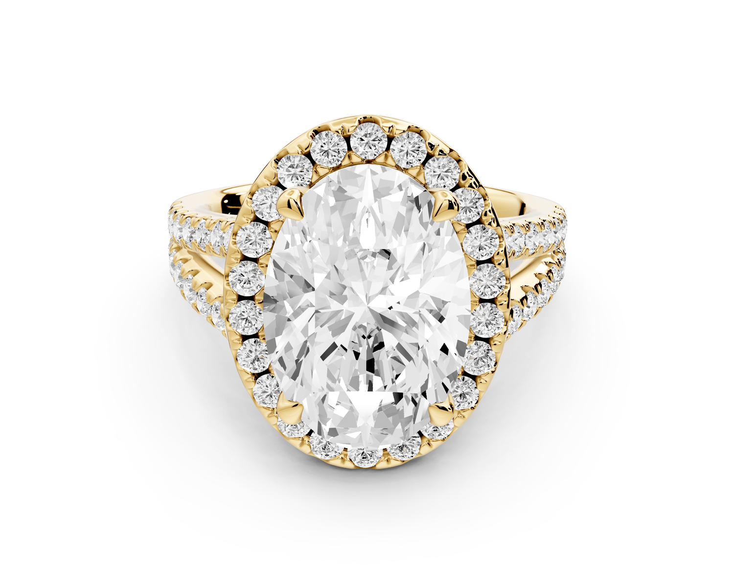 Gabrielle - 3ct 18k yellow gold oval Diamond Graduated Halo Pavé Split Shank Engagement Ring - Mr. Alex Jewelry