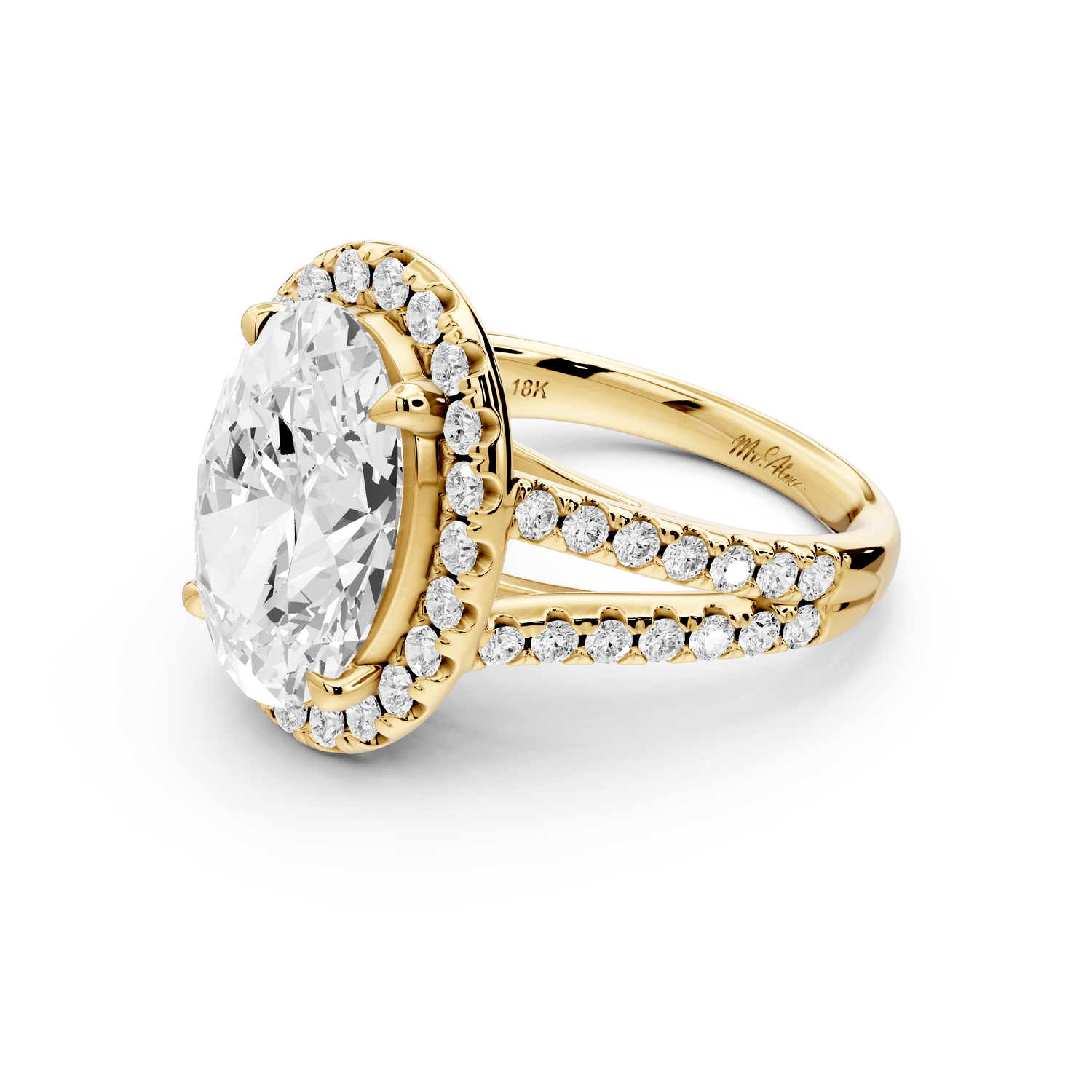 Gabrielle - 3ct 18k yellow gold oval Diamond Graduated Halo Pavé Split Shank Engagement Ring - Mr. Alex Jewelry