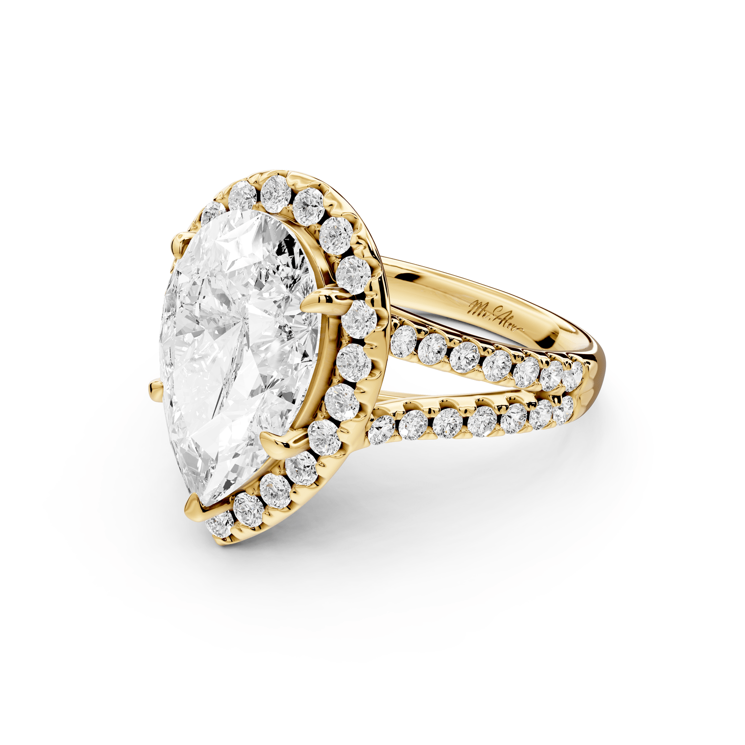 Gabrielle - 3ct 18k yellow gold pear Diamond Graduated Halo Pavé Split Shank Engagement Ring - Mr. Alex Jewelry