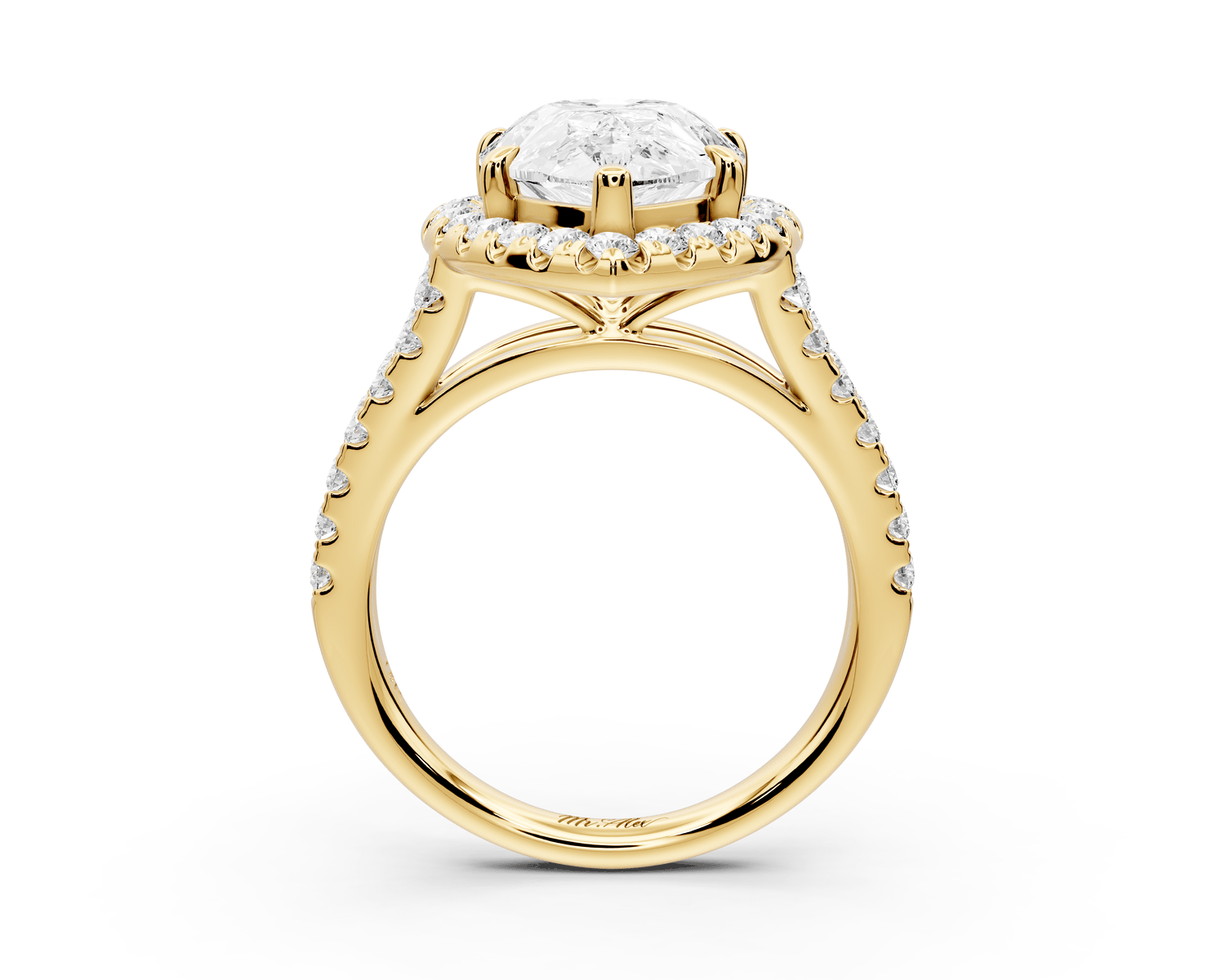 Gabrielle - 3ct 18k yellow gold pear Diamond Graduated Halo Pavé Split Shank Engagement Ring - Mr. Alex Jewelry