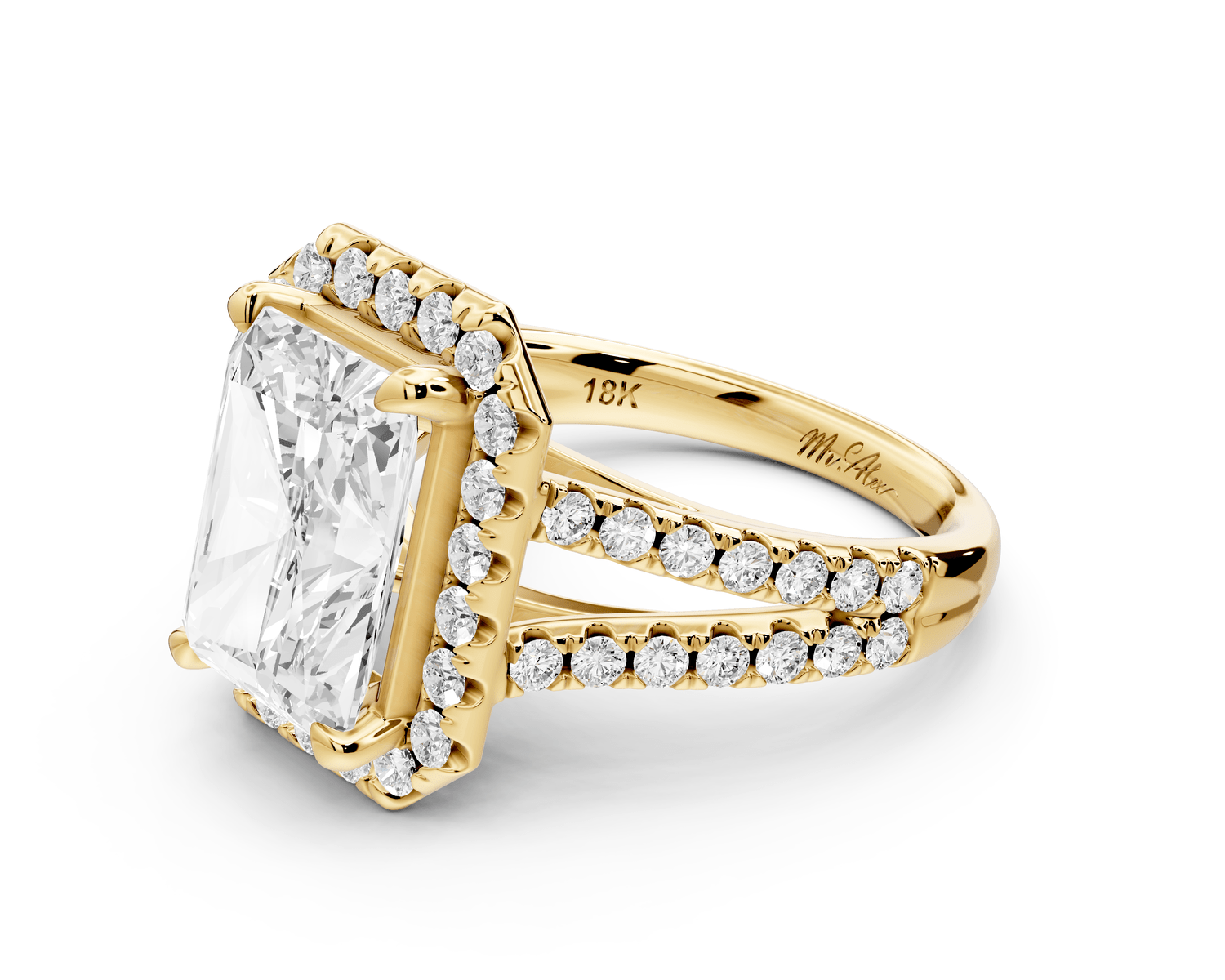 Gabrielle - 3ct 18k yellow gold radiant Diamond Graduated Halo Pavé Split Shank Engagement Ring - Mr. Alex Jewelry