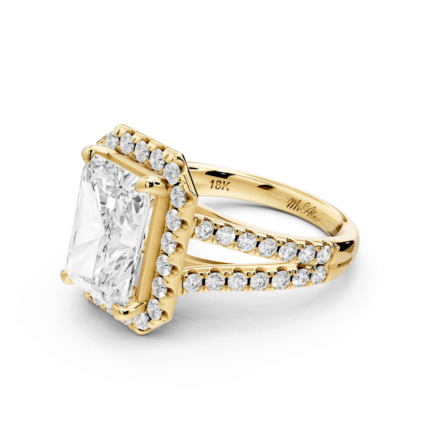 Gabrielle - 3ct 18k yellow gold radiant Diamond Graduated Halo Pavé Split Shank Engagement Ring - Mr. Alex Jewelry