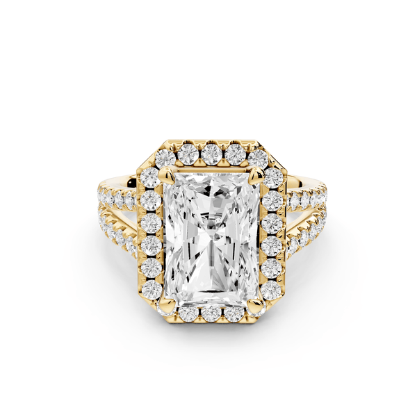 Gabrielle - 3ct 18k yellow gold radiant Diamond Graduated Halo Pavé Split Shank Engagement Ring - Mr. Alex Jewelry