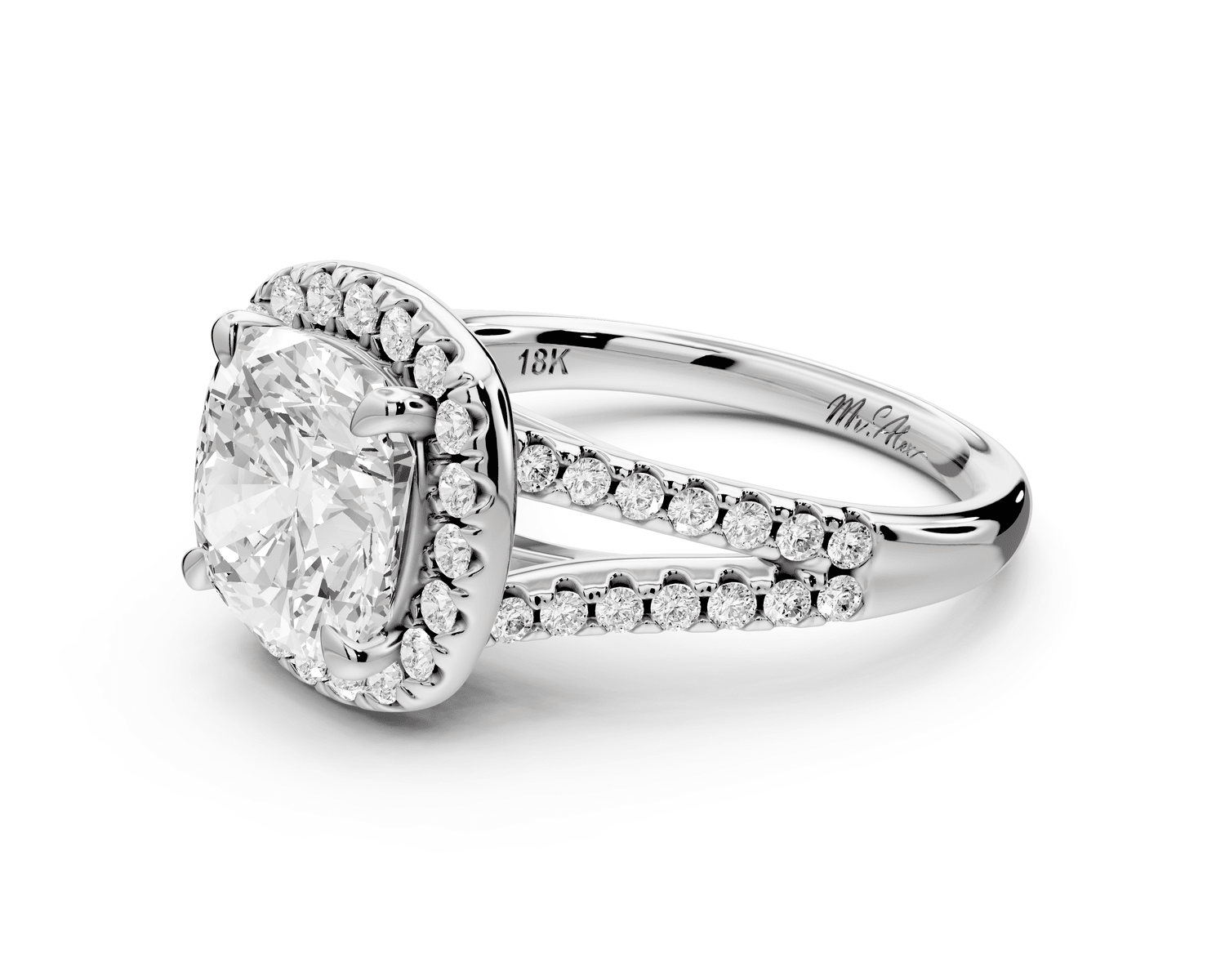 Gabrielle - 3ct platinum cushion Diamond Graduated Halo Pavé Split Shank Engagement Ring - Mr. Alex Jewelry