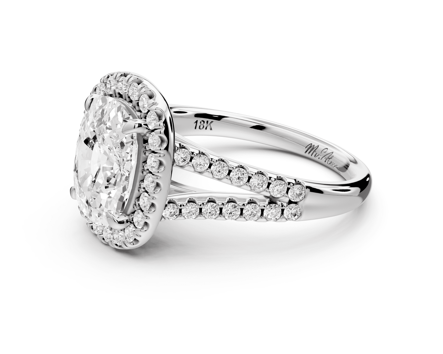 Gabrielle - 3ct platinum ecushion Diamond Graduated Halo Pavé Split Shank Engagement Ring - Mr. Alex Jewelry