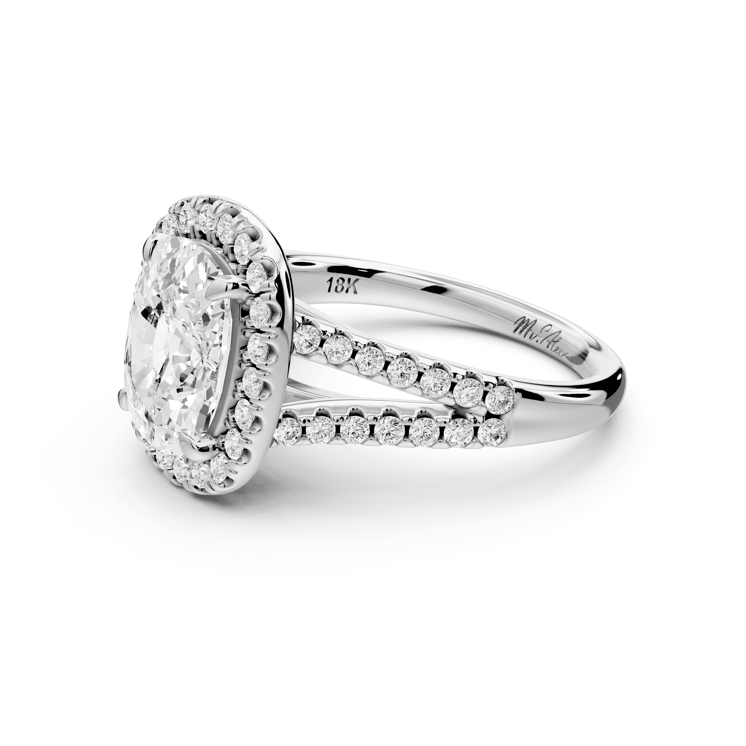 Gabrielle - 3ct platinum ecushion Diamond Graduated Halo Pavé Split Shank Engagement Ring - Mr. Alex Jewelry