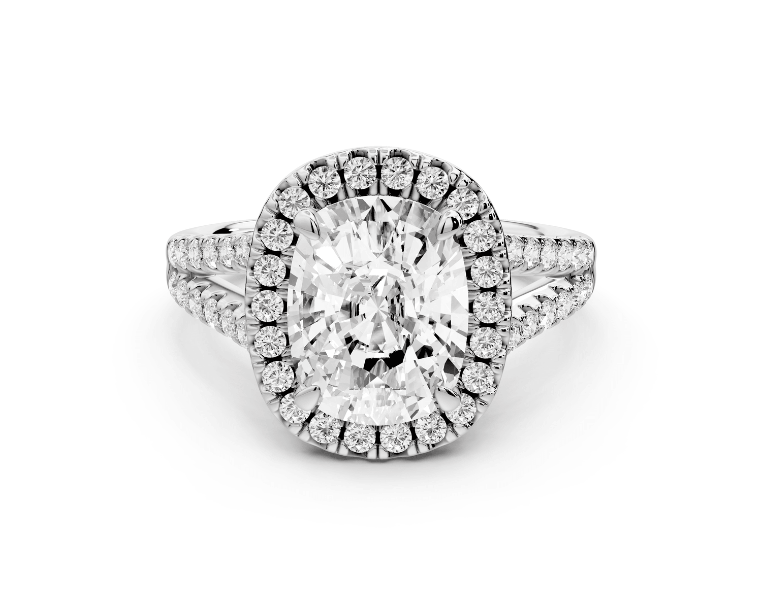 Gabrielle - 3ct platinum ecushion Diamond Graduated Halo Pavé Split Shank Engagement Ring - Mr. Alex Jewelry