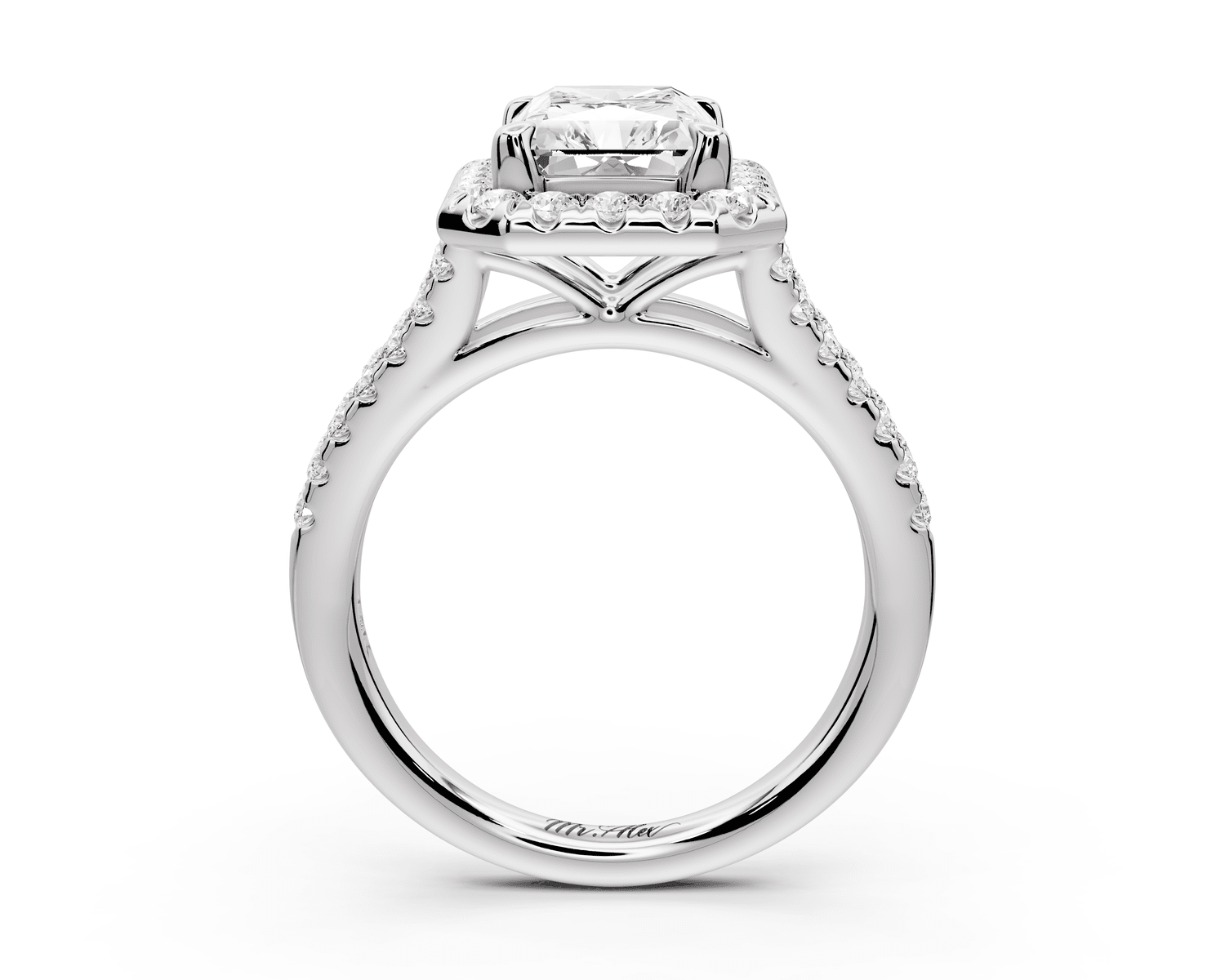 Gabrielle - 3ct platinum emerald Diamond Graduated Halo Pavé Split Shank Engagement Ring - Mr. Alex Jewelry