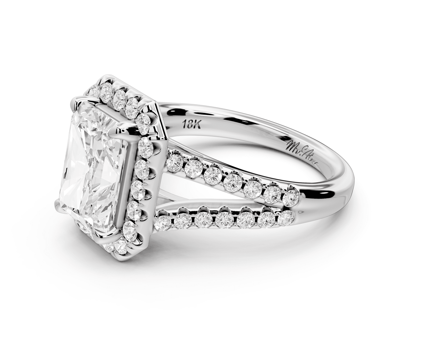 Gabrielle - 3ct platinum emerald Diamond Graduated Halo Pavé Split Shank Engagement Ring - Mr. Alex Jewelry