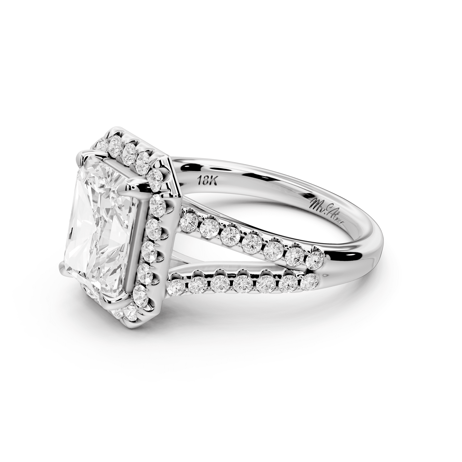 Gabrielle - 3ct platinum emerald Diamond Graduated Halo Pavé Split Shank Engagement Ring - Mr. Alex Jewelry