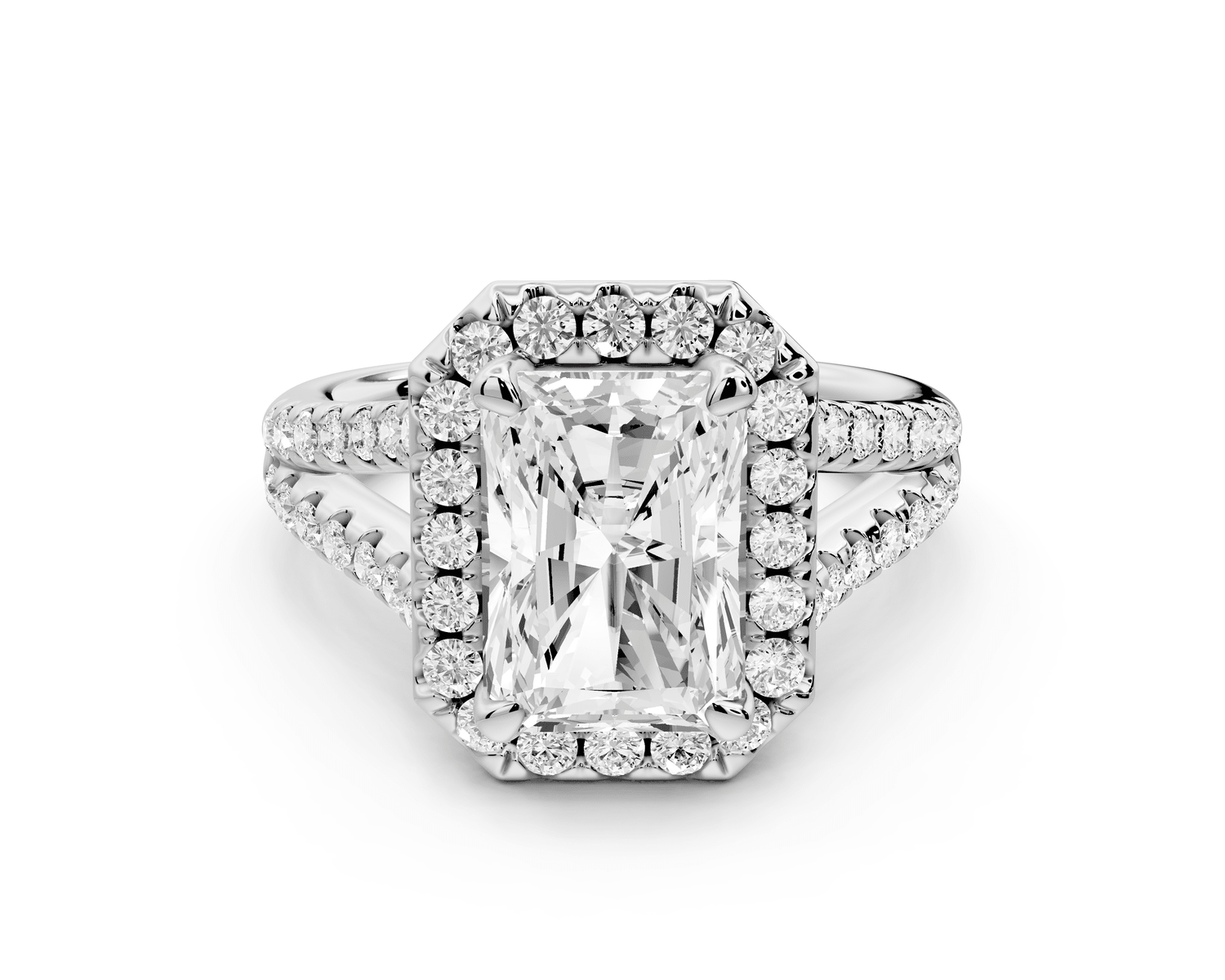 Gabrielle - 3ct platinum emerald Diamond Graduated Halo Pavé Split Shank Engagement Ring - Mr. Alex Jewelry